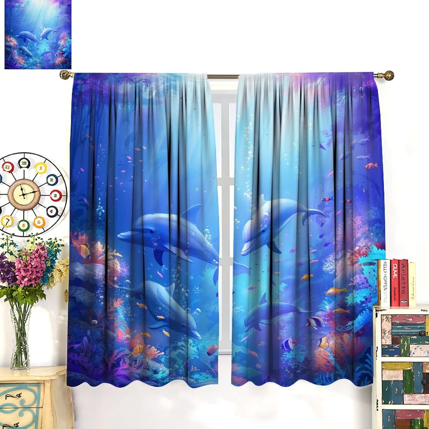 Beautiful Underwater World Dolphin Blackout Curtains, Cute Marine Life Fish Coral Blue Sea Home Decor Rod Pocket Window Drapes for Living Room Bedroom- 2 Panels, Each 21" W x 63" L