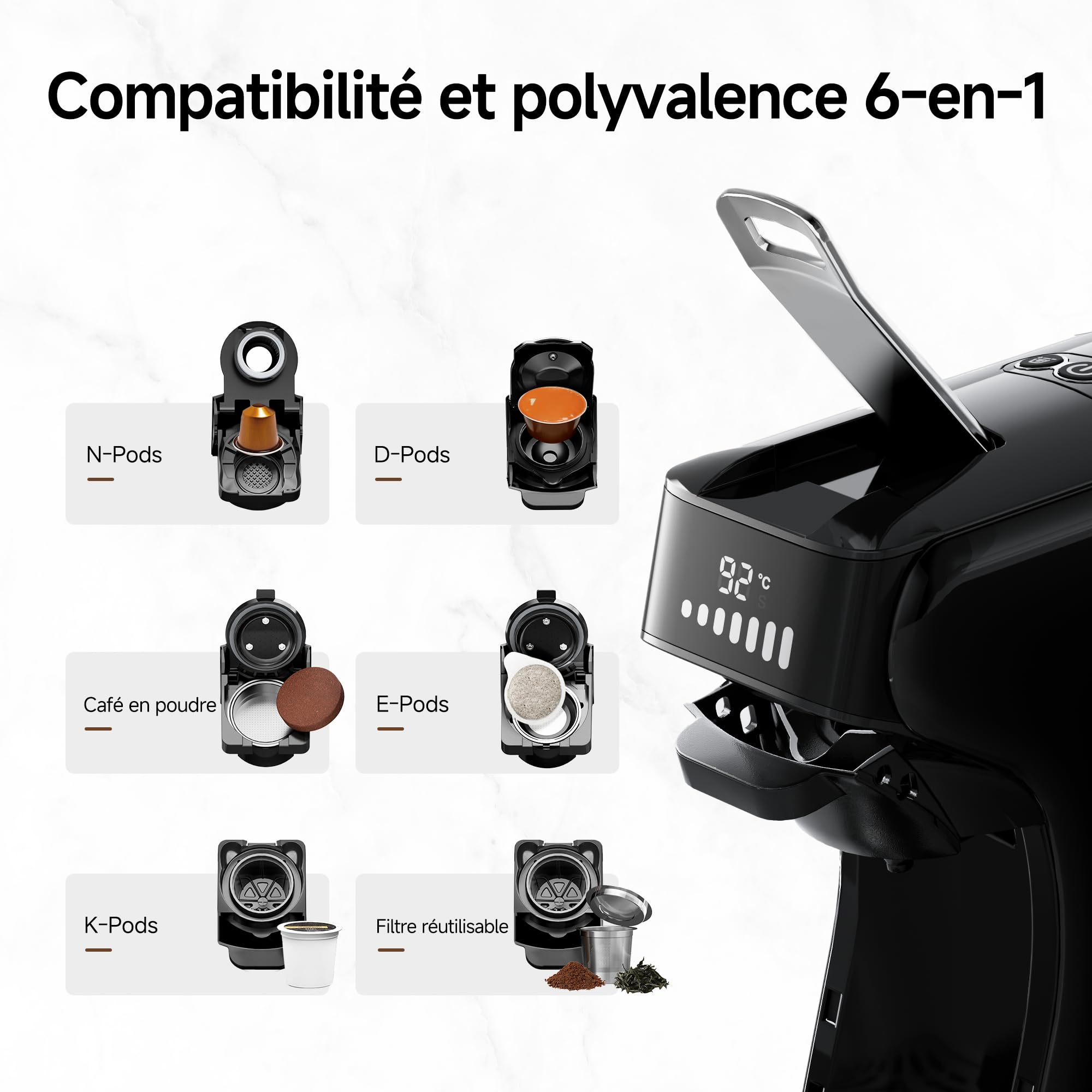 HIBREW H1B Machine à Café à Capsules 6-en-1 | Compatible Ns*/DG*/ Es*/Kcup*/Café Moulu, Bouton Unique Infusion Chaude et Froide, Température et Quantité Réglable (Noir)