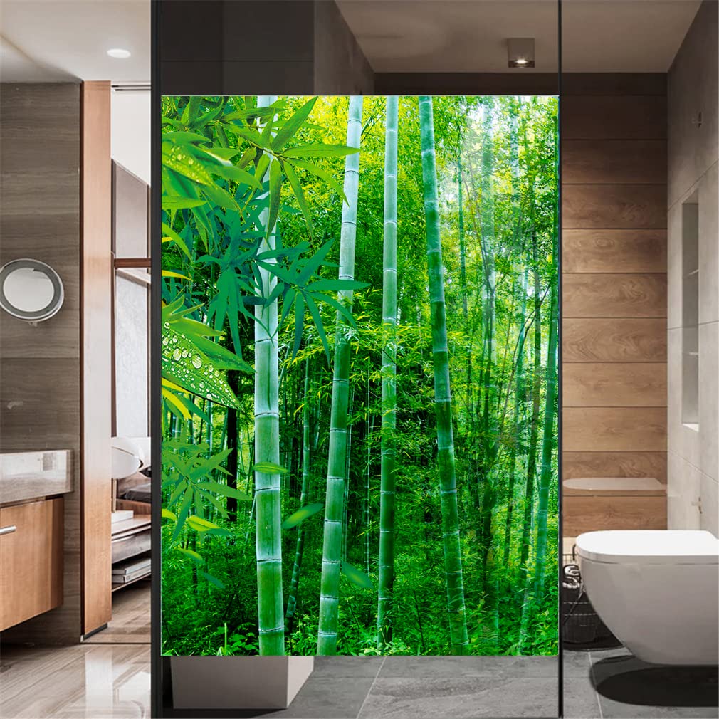Xijier No Glue Window Film Privacy Green Bamboo 110G Decorative Frosted Glass Door Window Covering Window Decals Window Sticker for Home Office 89x190cm(35