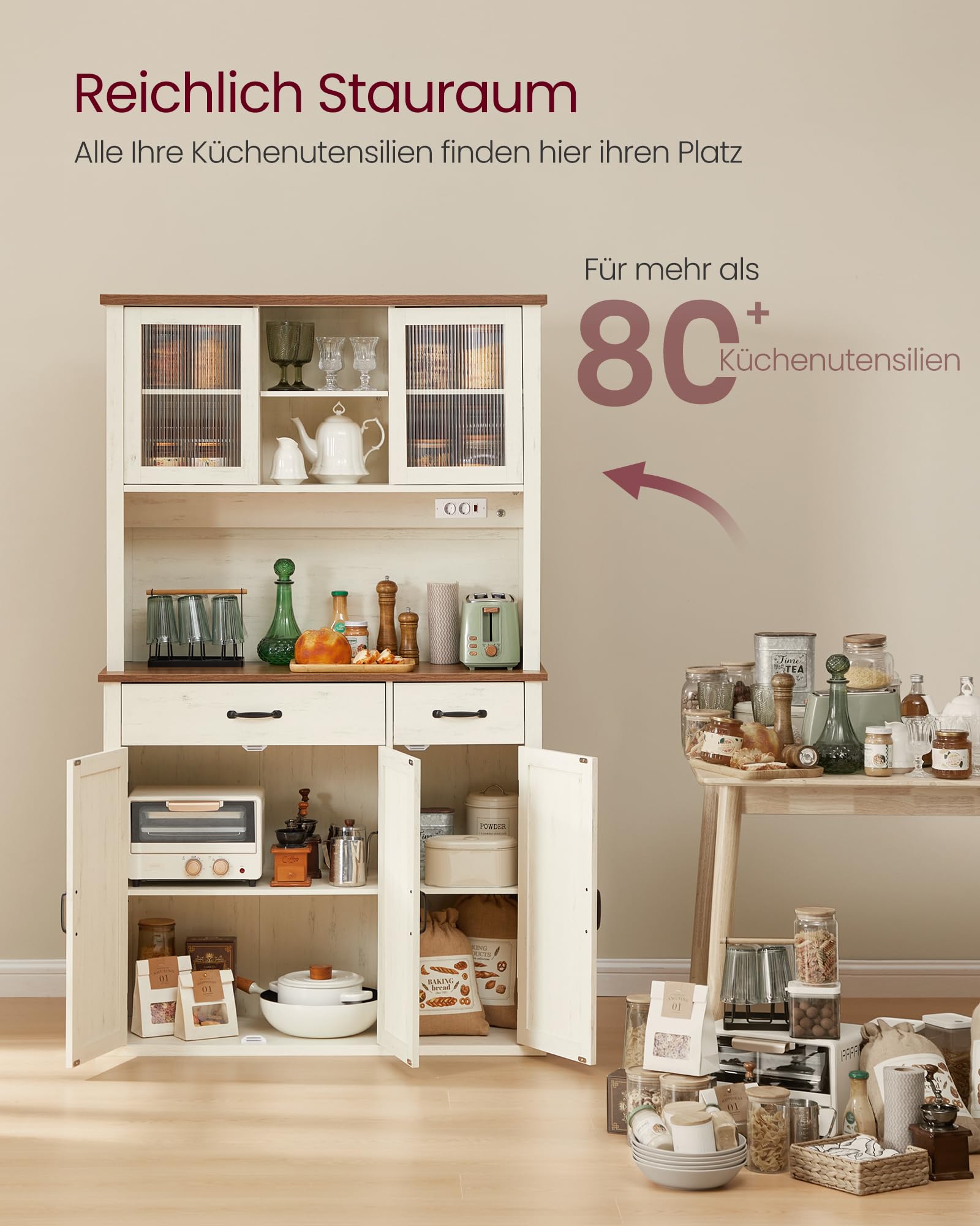 VASAGLE Sideboard mit Beleuchtung und Ladestation, Küchenschrank, Aufbewahrungsschrank, mit Türen und Schubladen, 39,5 x 106,5 x 180,6 cm, verstellbare Ablagen, Landhausstil, vintageweiß BBK391W02
