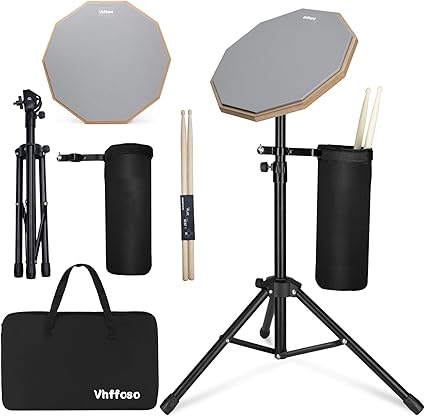 12 Inch Practice Drum Pad with Stand, Sticks and Drum Stick Bucket, Beginner Snare Drum Pad with Drumsticks(one pair) and Carrying Bag, Double Sided Silent Drum Pad (Gray)