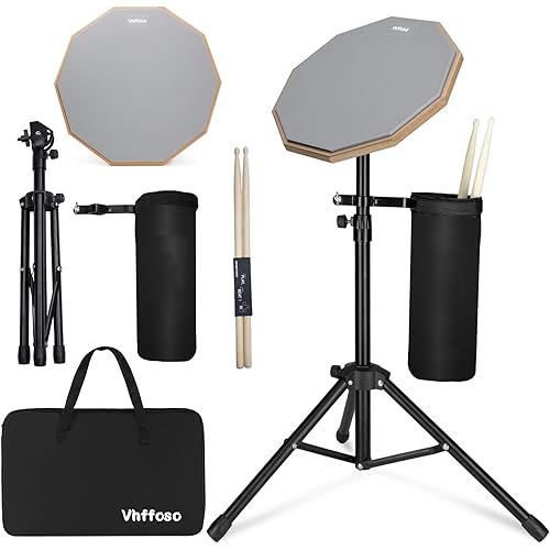 12 Inch Practice Drum Pad with Stand, Sticks and Drum Stick Bucket, Beginner Snare Drum Pad with Drumsticks(one pair) and Carrying Bag, Double Sided Silent Drum Pad (Gray)