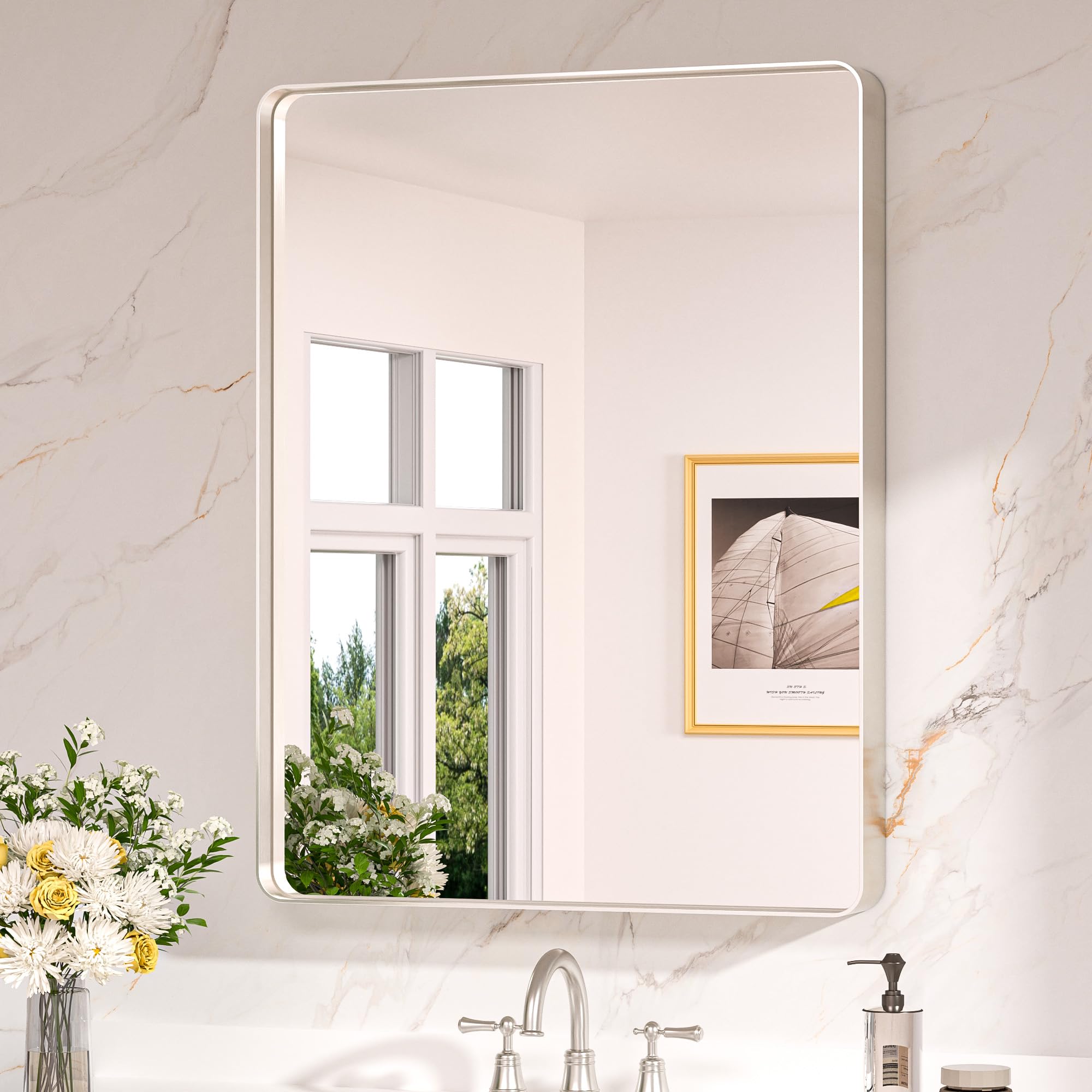 Keonjinn 28 x 36 Inch Brushed Nickel Bathroom Mirror, Tempered Glass