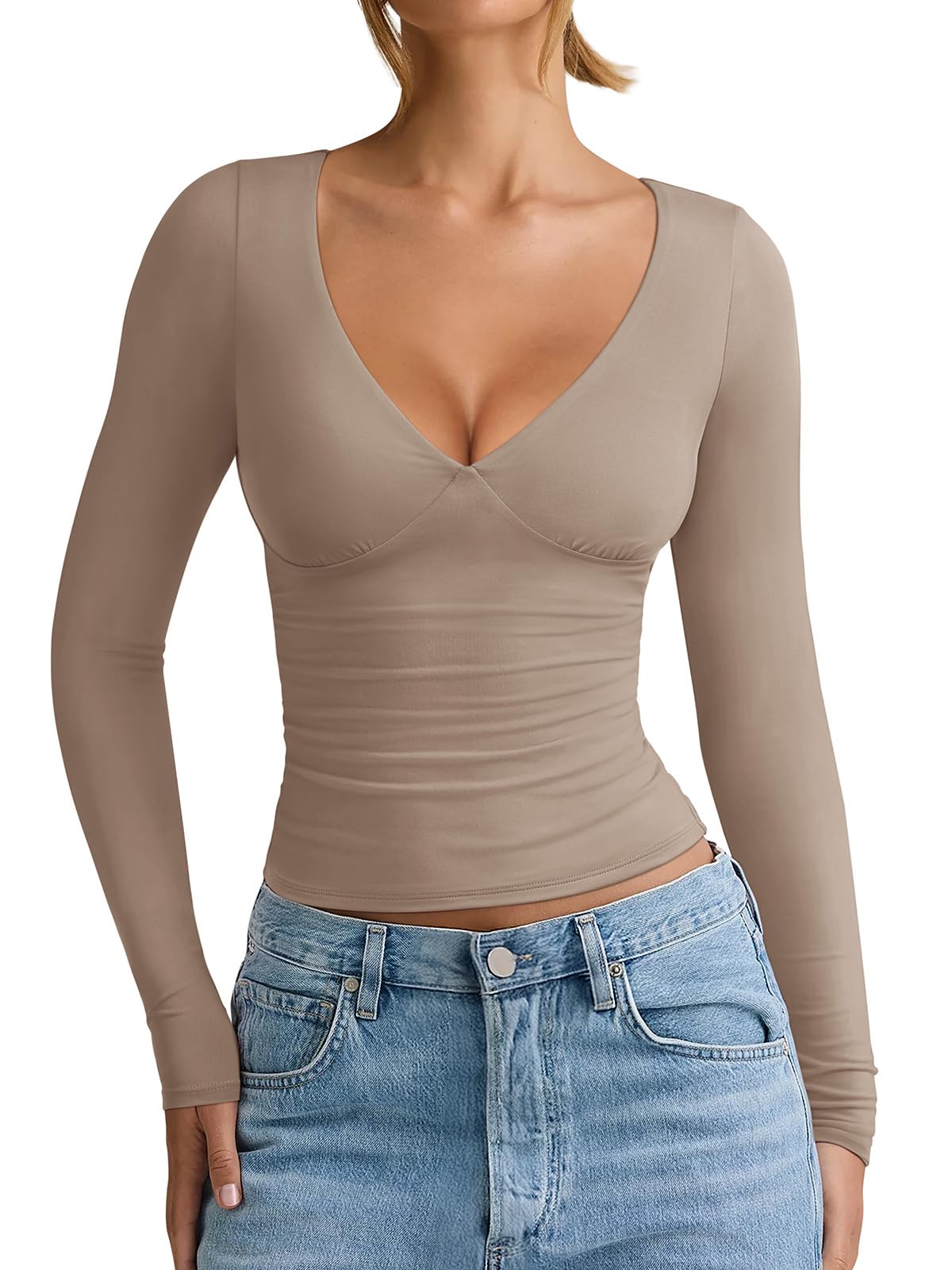 REORIA Womens Long Sleeve Shirts Deep V Neck 2026 Fall Casual Slim Fit Tops | Soft Layering Doubel Lined Material Basic Underscrub Tight Sexy Going out T-Shirts Fashion Outfits