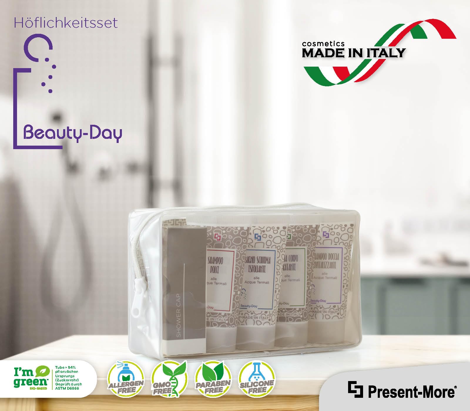 Present-More Amenities Kit Beauty-Day Italy - Welcome Gift Toilettenartikel 24 Gäste für Hotels und B&B | Allergenfreie Amenities Kit mit Duftnote Ylang Ylang