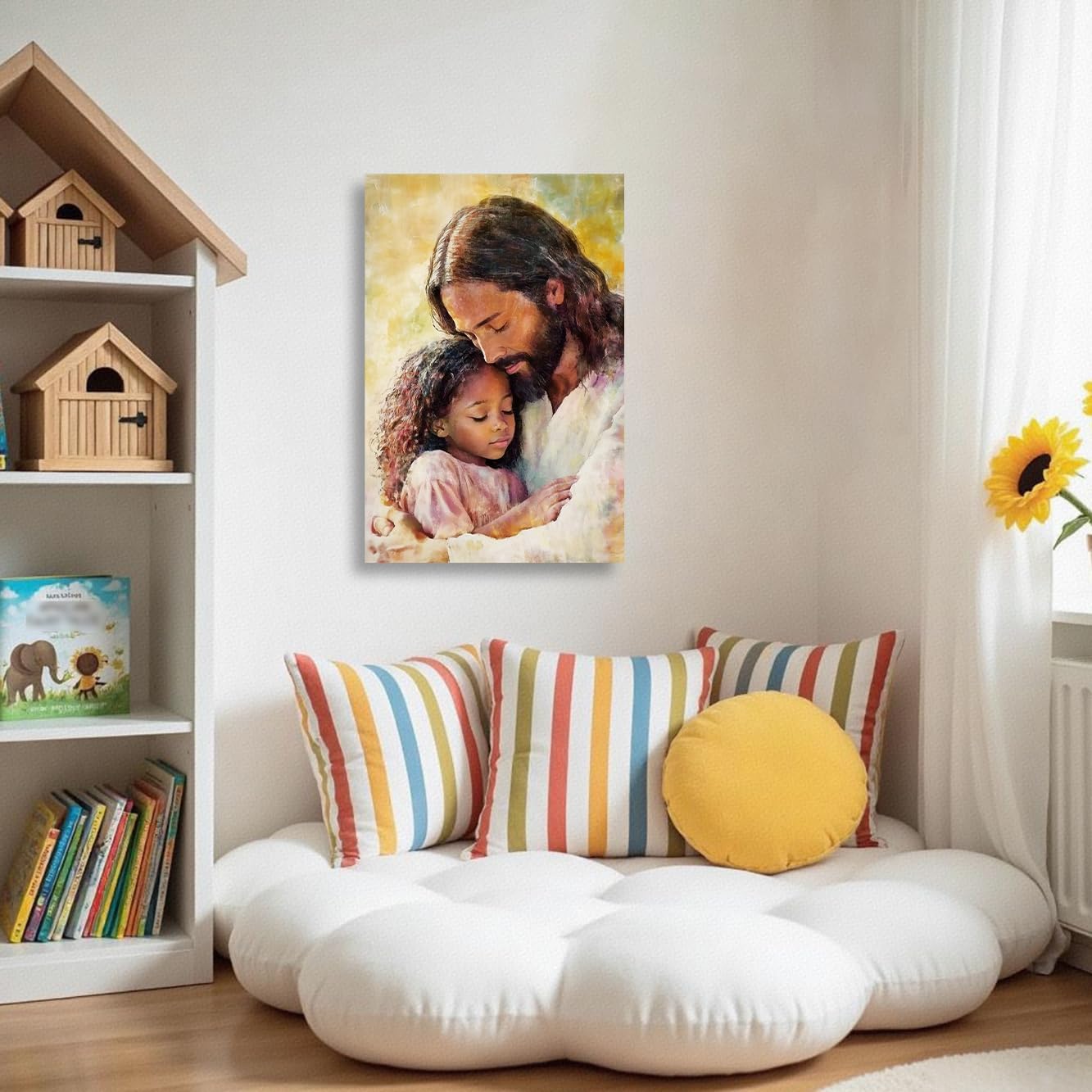 ZSHARTSWD Christian Wall Art Jesus Holding Black Little Girl Canvas Prints Religious Bible Story Pictures God Painting for Baby Girl Room Home Decor Framed (Yellow, 18L x 12W)