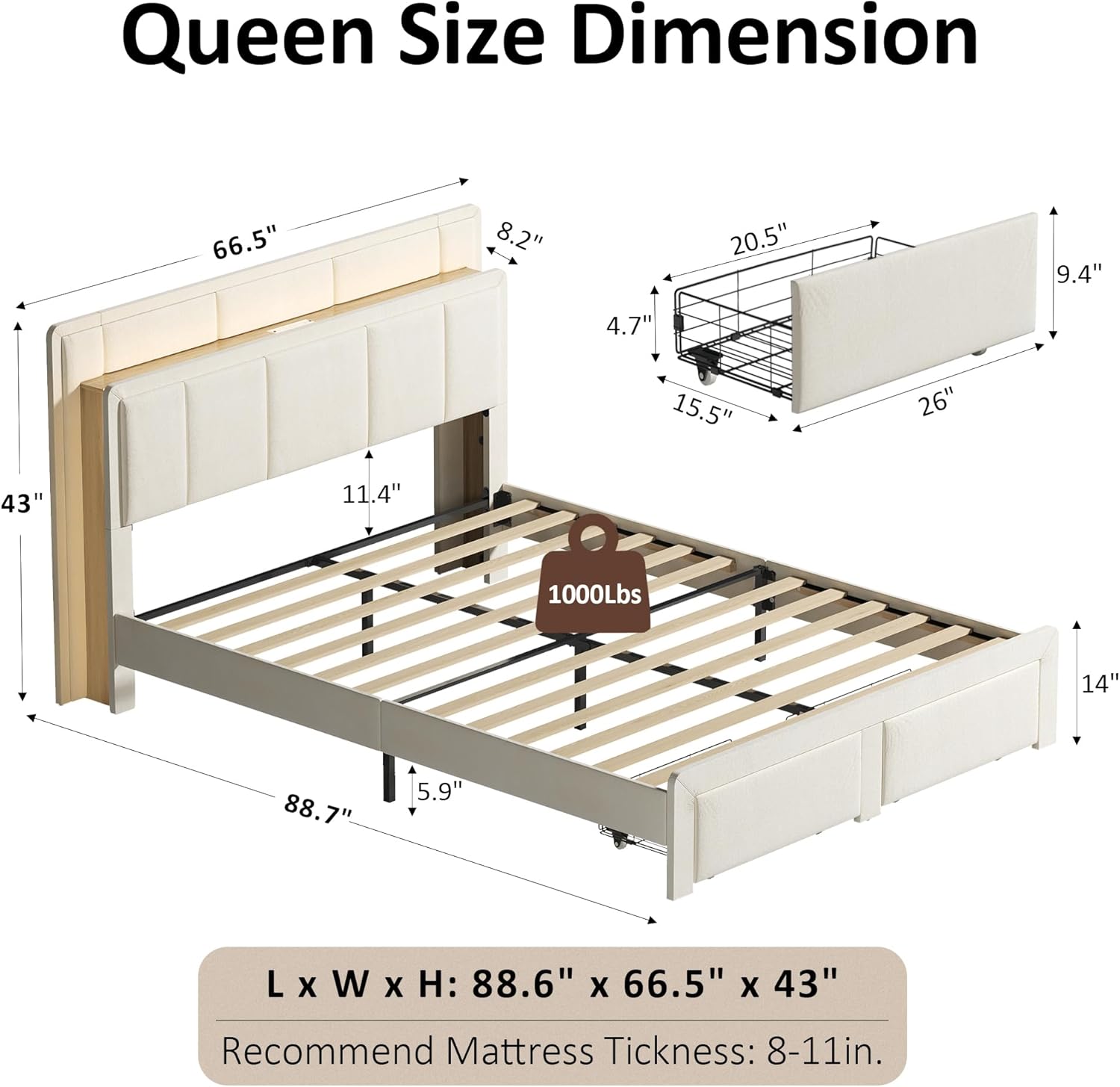 nesture.Queen Size Bed Frame,Upholstered Platform Queen Bed with 2 Storage Drawers,Velvet Vertical Channel Headboard with LED Lights and Charging Station,No Box Spring Needed,Noise-Free,White