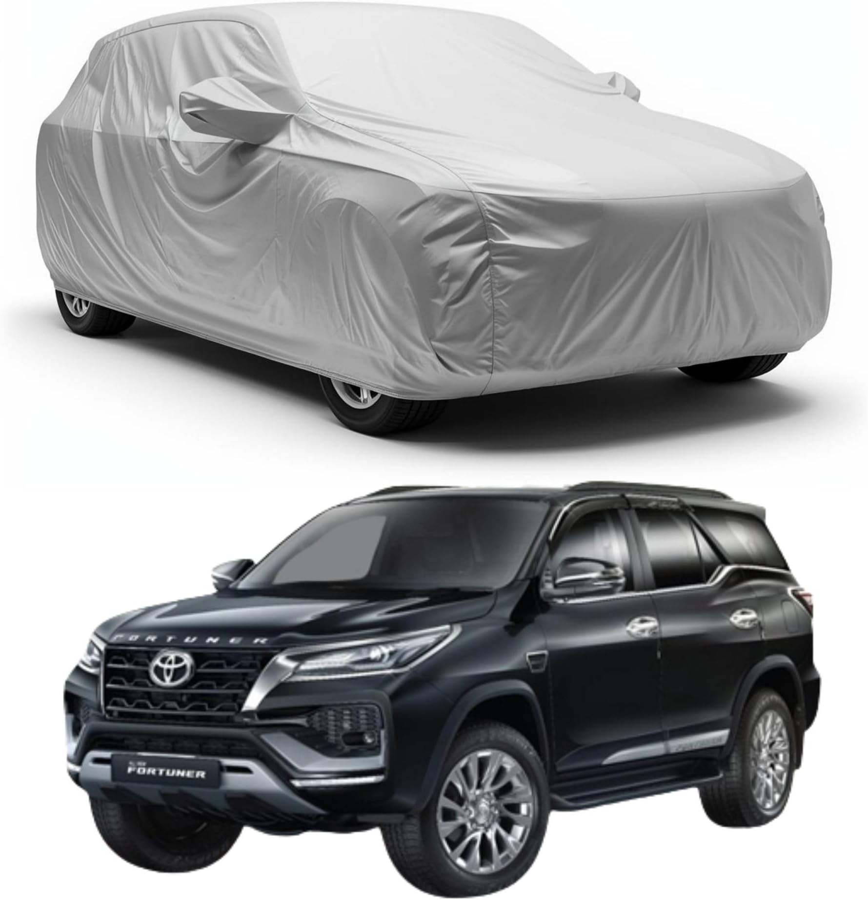 Car Body Cover Compatible with Toyota Fortuner | Waterproof Heavy Duty Car Body Cover + Sun Protection + Triple Stitched + Mirror Pocket (Silver)