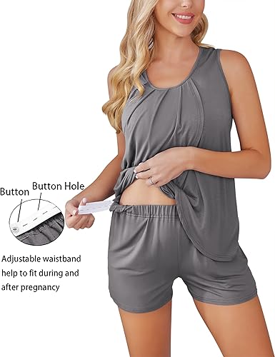 Miniatura 3 de Ekouaer Conjunto de pijama de lactancia para mujer, ropa de dormir de doble capa, sin mangas, top y pantalones cortos, pijamas de embarazo