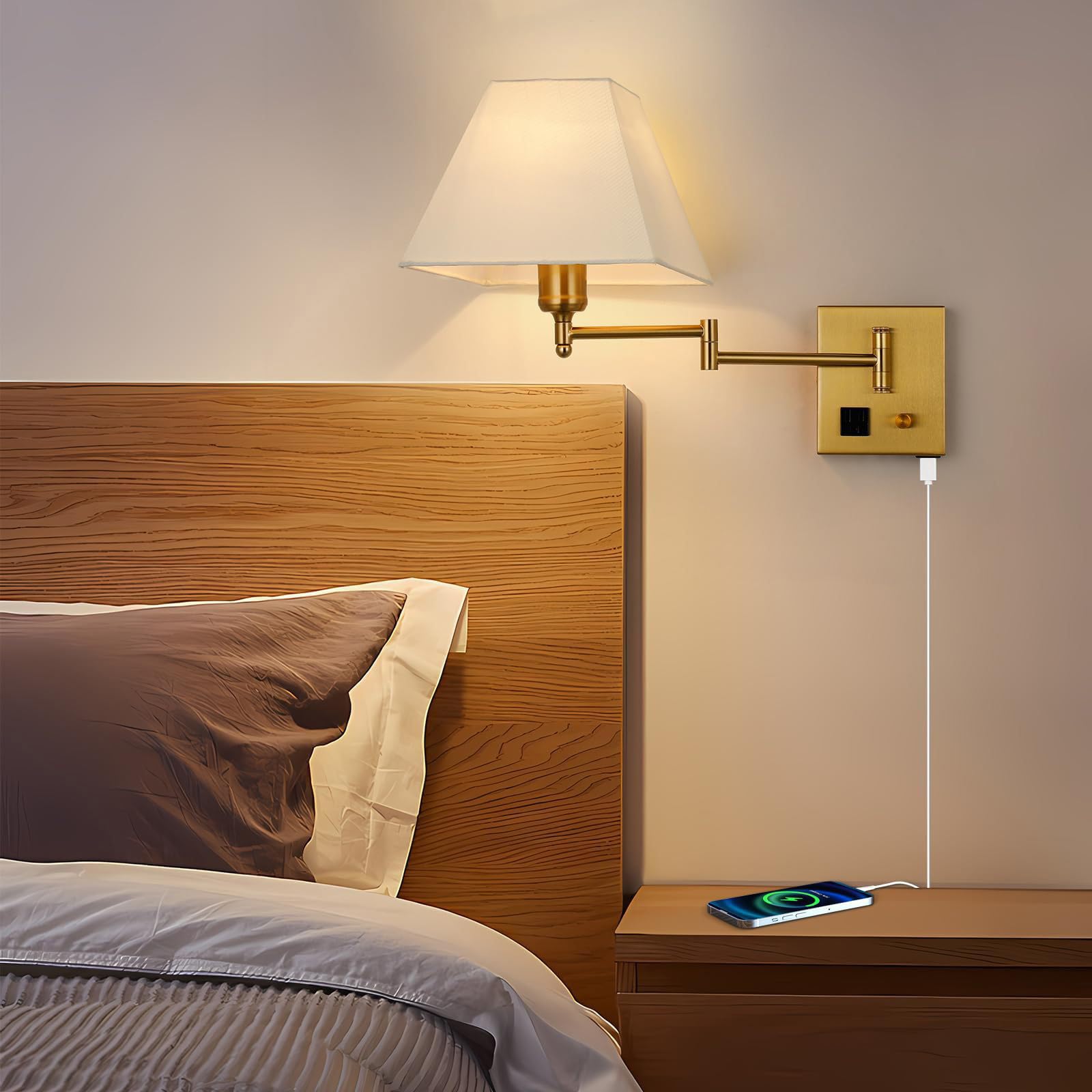 SXSCARKX 270° Adjustable Wall Lamp Sconce - USB Port, Dimmer Knob & in-Cord Lighting Fixture