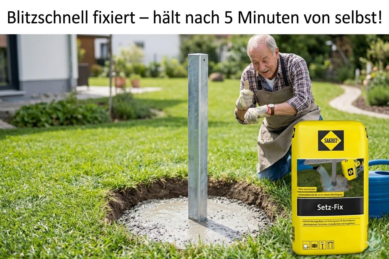 Setz-Fix Schnellbeton 25 kg inkl. Sacköffner | Blitzbeton härtet in 5 Min | Montagebeton für Zaunpfähle, Pfosten & Fundamente | Grau, frostbeständig, Innen & Außen