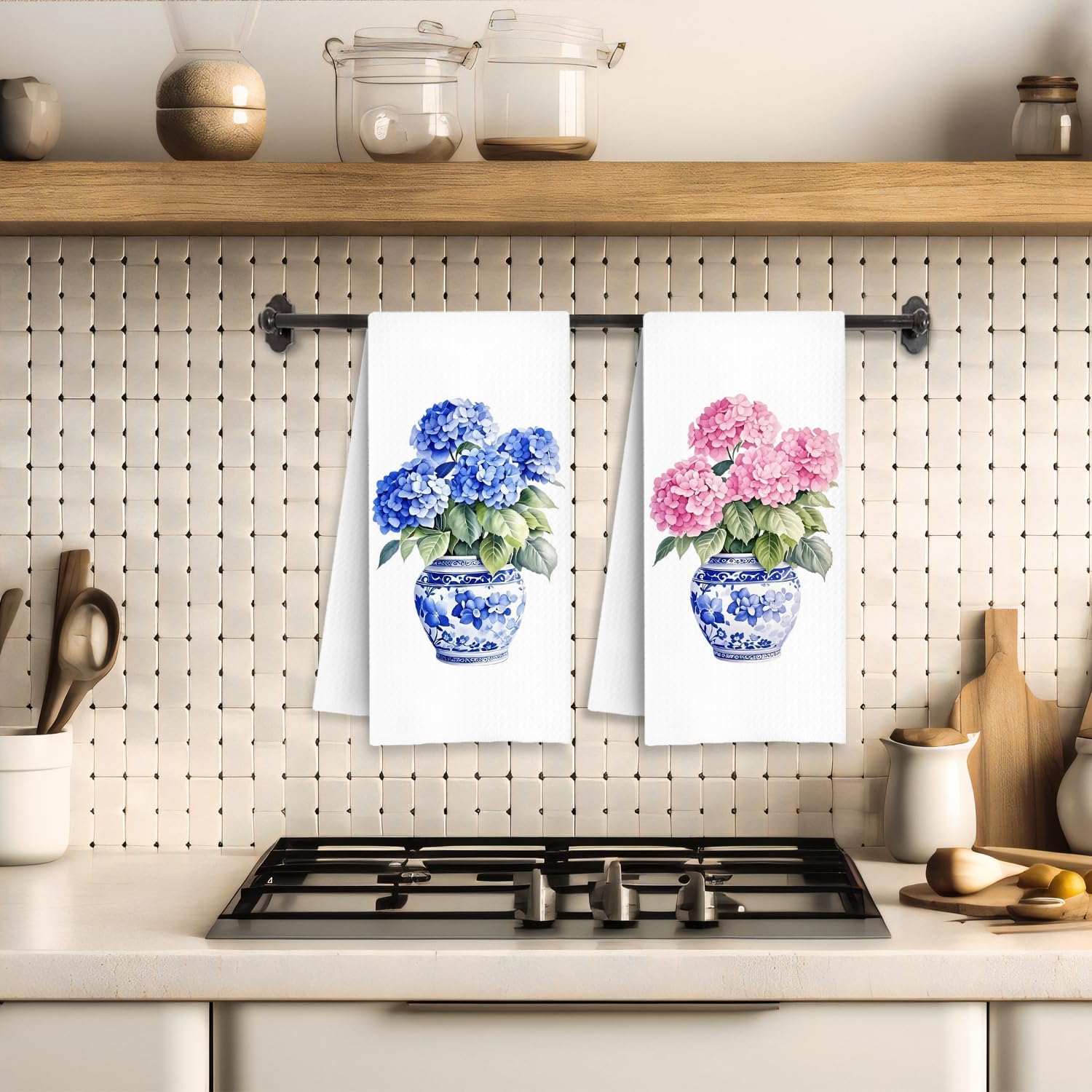 Chinoiserie Hydrangea Floral Kitchen Towels, Grand Millenial Decor, Pink and Blue Hydrangea Flower Decorative Dish Tea Hand Towels for Kitchen Bathroom, 16x24 Inch Set of 2 - Image 3