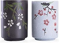 WHJY 10oz Handleless Ceramic Teacups Set of 2 - Japanese Chinese Style Floral Pattern, Microwave Safe