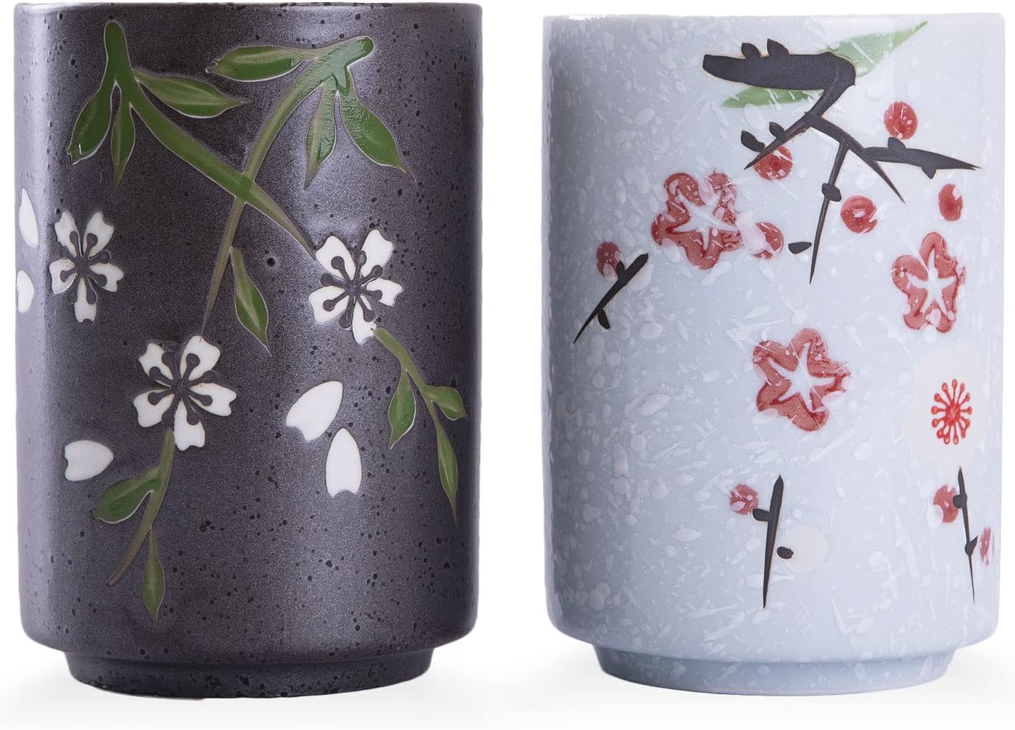 WHJY 10oz Transitional Chinese/Japanese style Handle-less Ceramic Tea cups teacup, Flora Pattern Set of 2