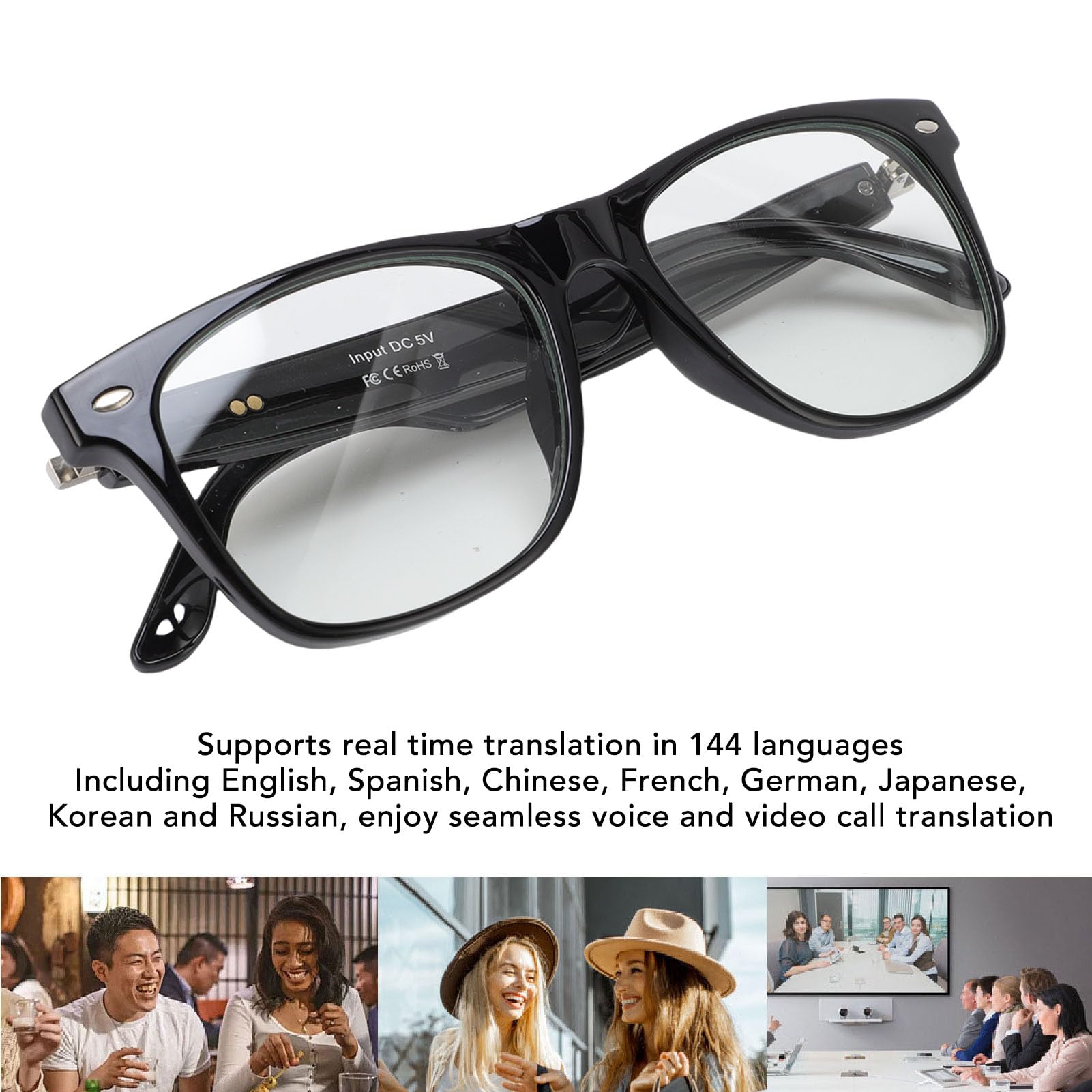 Smart Glasses with AI Translation for Men Women, 5.4 Bluetooth Music Glasses with Real Time Translator for 144 Languages, Anti Blue Light Lenses, Open Ear Clear Sound