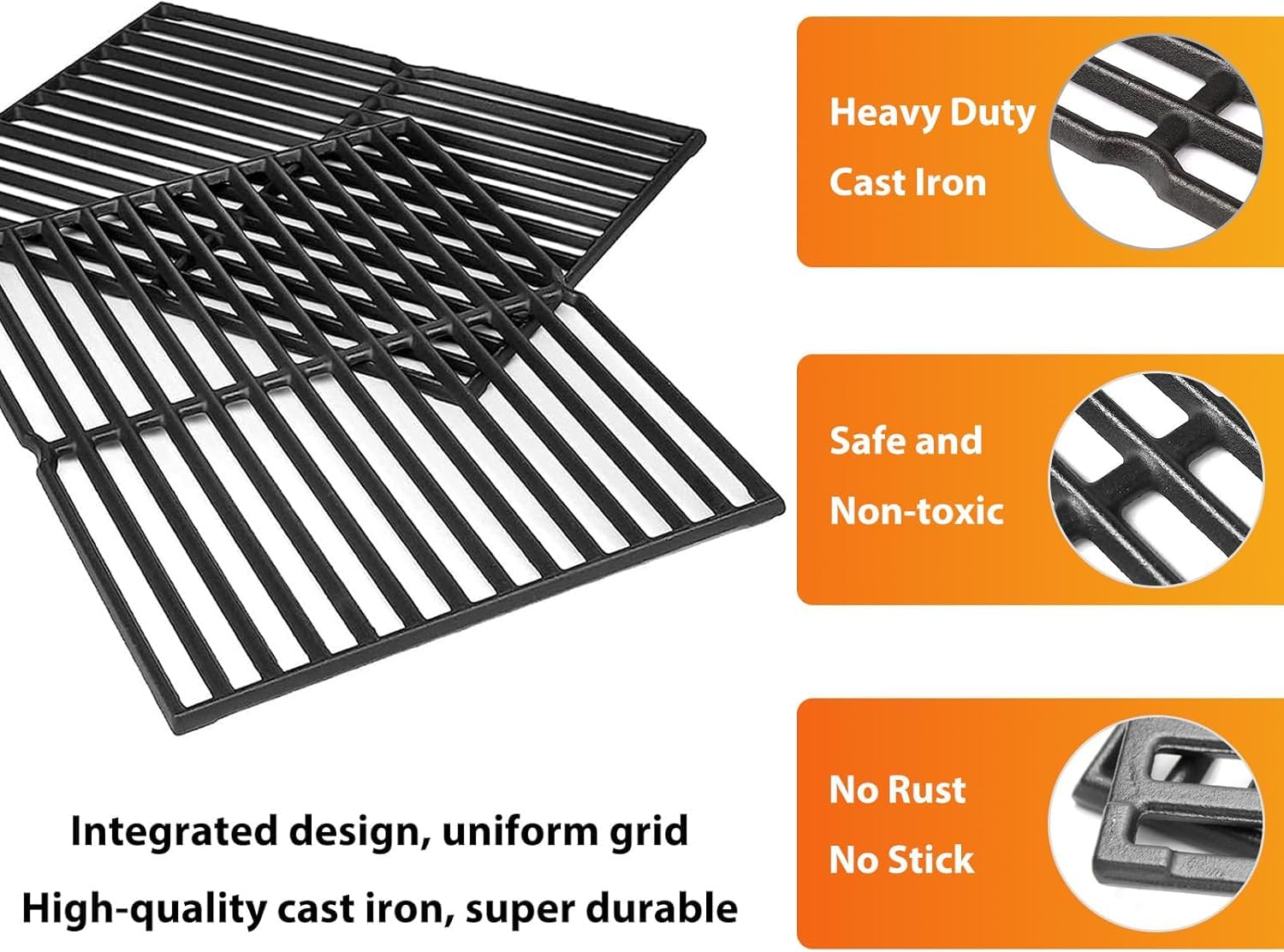 GRISUN 38cm x 28.6cm Grillroste für Weber Spirit 200 Serie mit Seitenbedienfeld, für Spirit E210, für Genesis Silver A, Spirit 500, Gusseiserne Grillroste für Weber 7522, 7523, 7521, 65904, 65905
