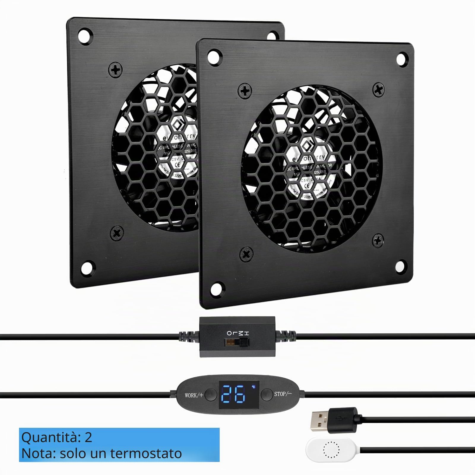 Ventola USB da 80 mm, con display digitale, controllo della temperatura, silenziosa, ventola da 5 V, con moderno telaio in alluminio nero spazzolato, per home theater, cuccia per animali