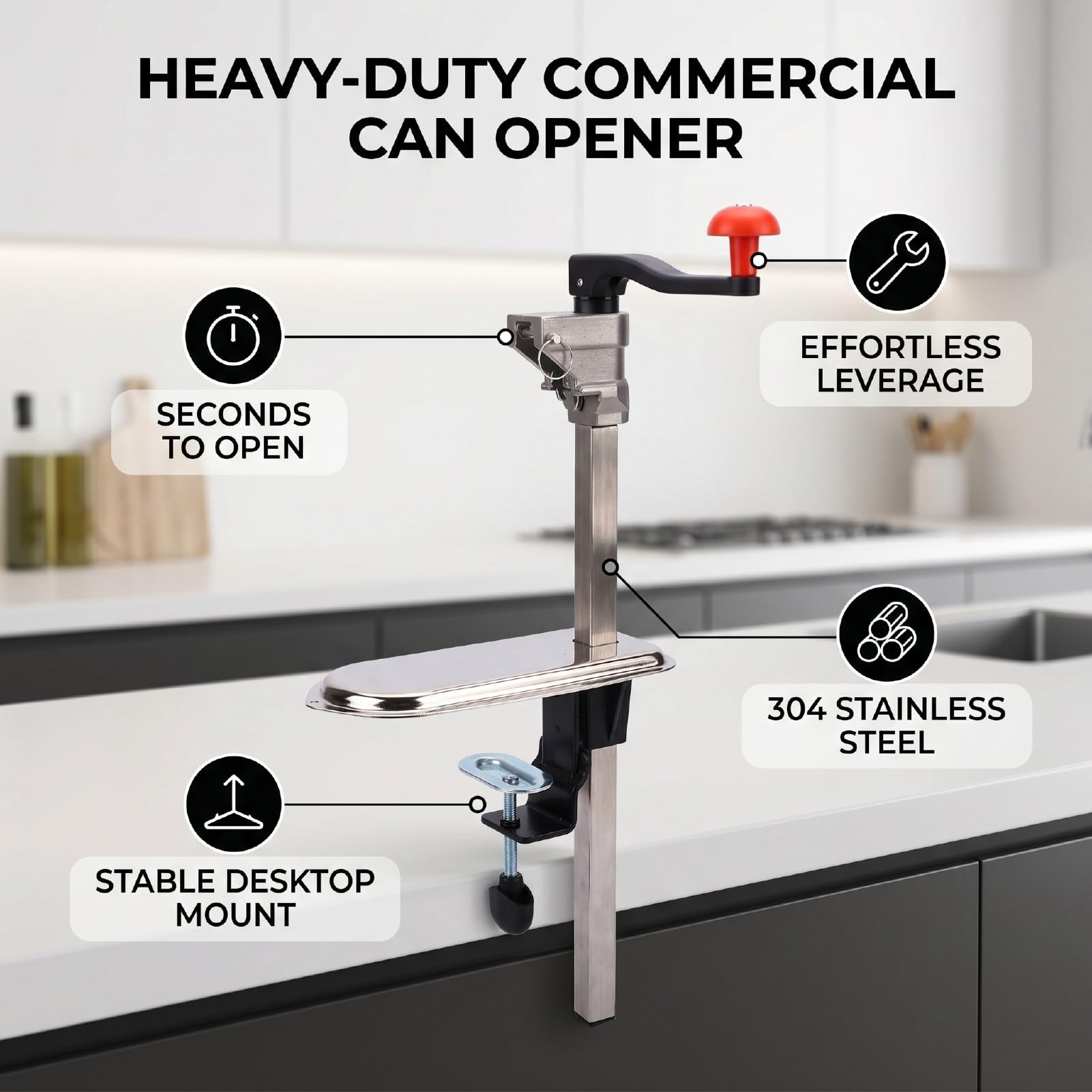AMONIDA Apriscatole Manuale in Acciaio Inox 55 Cm per | Montaggio manuale da tavolo, Base avvitata, Acciaio inossidabile 304, Leva per carichi pesanti, Rilascio sicuro della