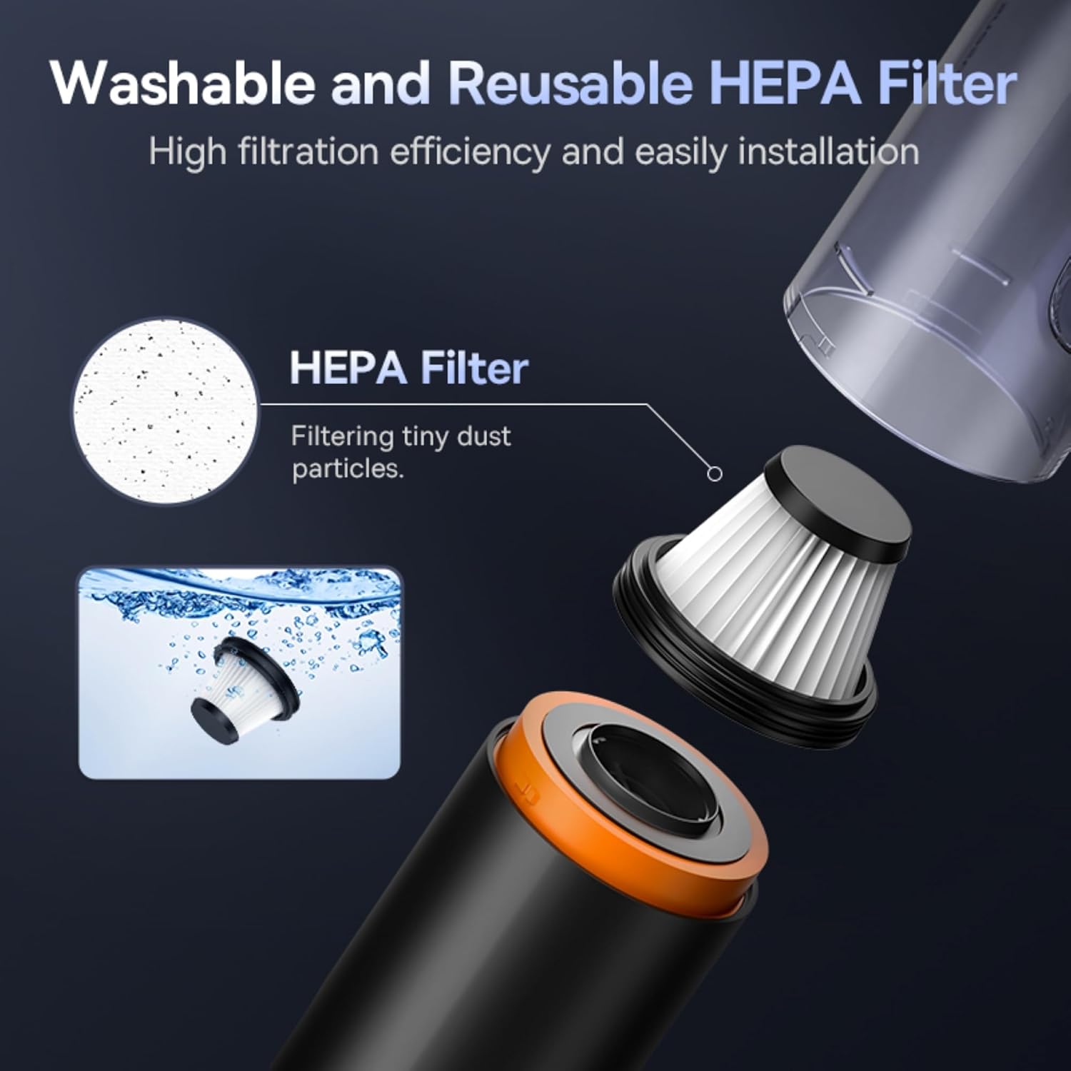 Washable and reusable HEPA filter of the Baseus A5 vacuum cleaner, showing how to clean it.