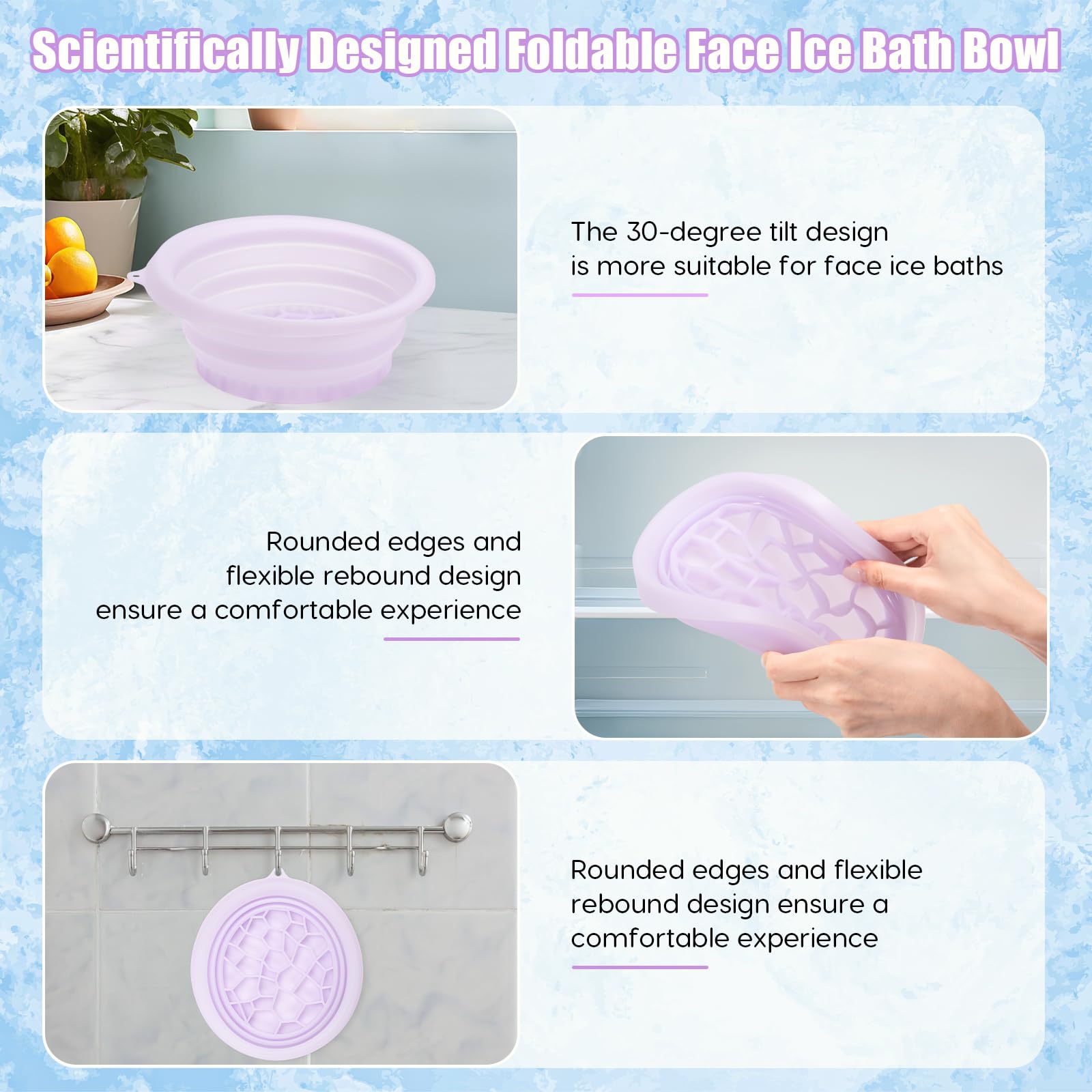 Face Ice Bath Bowl, Faltbares Gesichtsbad Eis, Gesicht Eiswanne mit Integrierter Eiswürfelschale, Tragbare Facial Ice Bath Bowl zur Schwellungen Linderung für Heimgebrauch oder Unterwegs (Purple)