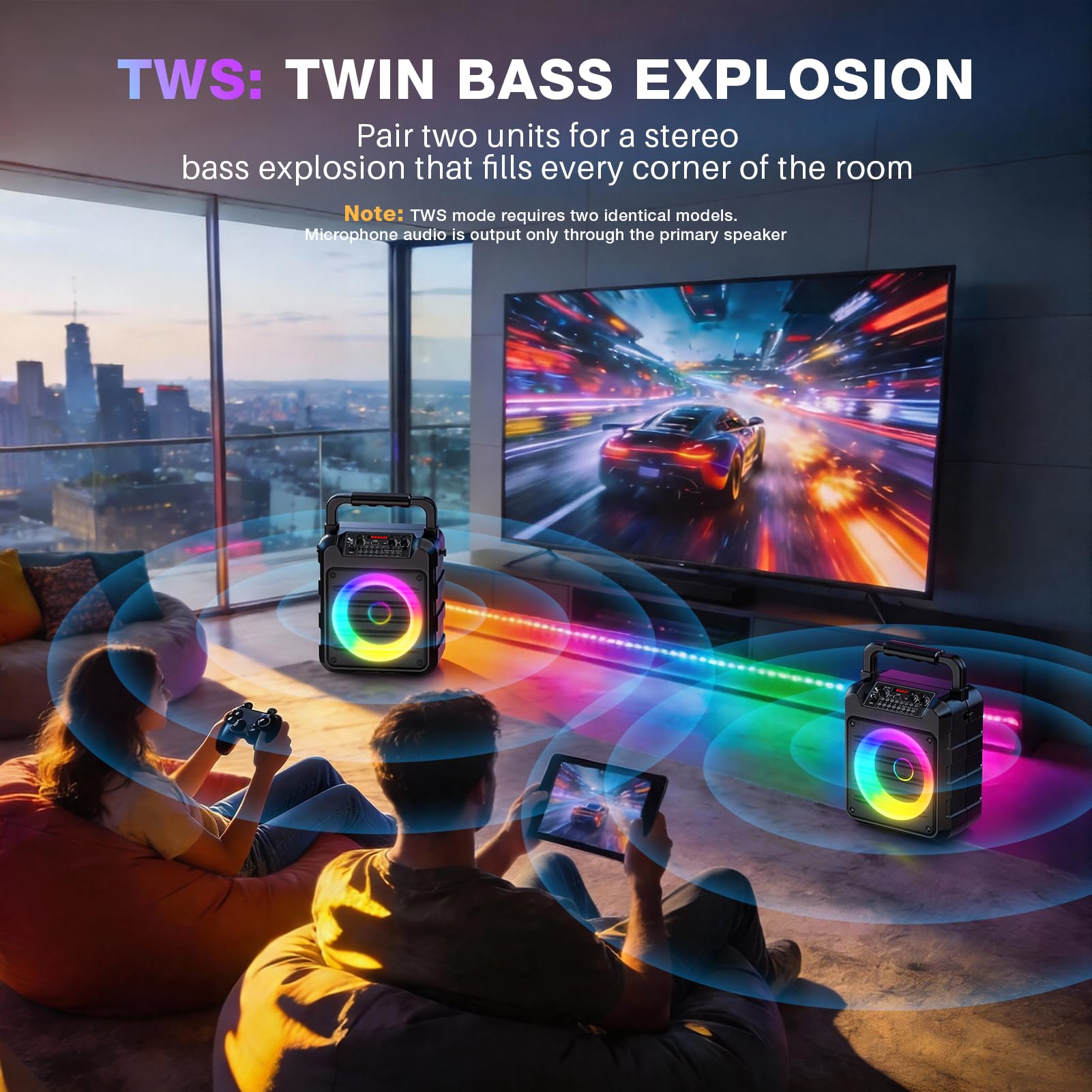 Dislocati Karaoke Maschine mit 2 Wireless Mikrofonen - 20W Tragbarer Party-Lautsprecher, LED-Lichtshow, TWS, AUX/USB, Bluetooth 5.3, 12h Laufzeit - Geschenk Für Erwachsene und Kinder