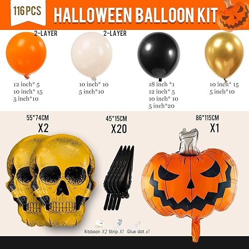Miniatura 5 de Kit de guirnalda de globos de doble relleno de Halloween, 116 piezas, naranja quemado, arena, blanco, negro y dorado, arco de globos de goma para