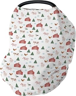 Christmas Farm Animals Life Car Seat Covers for Babies Barn Pig Cow Lamb Hen Duck Trees Stretchy 5-in-1 Cover Adjustable Infant Carseat Cover Canopy Winter Country Farmyard Breathable Nursing Cover-Up