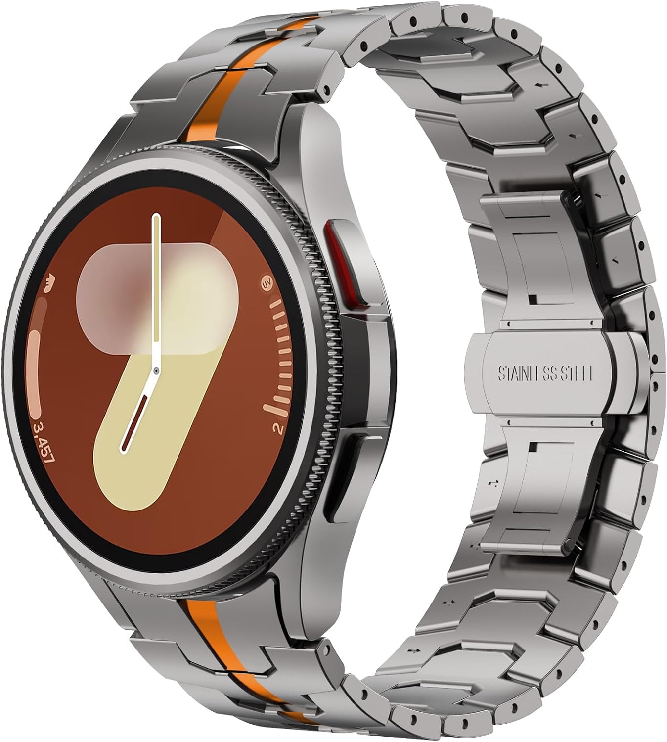 WINGLE Metal Bands for Samsung Galaxy Watch 7 6 5 4 Band Galaxy Watch 6 Classic/5 Pro/4 Classic/FE Band Men 47mm 43mm 45mm 44mm 40mm 46mm 42mm No Gap Solid Stainless Steel Link, Titanium/Orange - Image 2