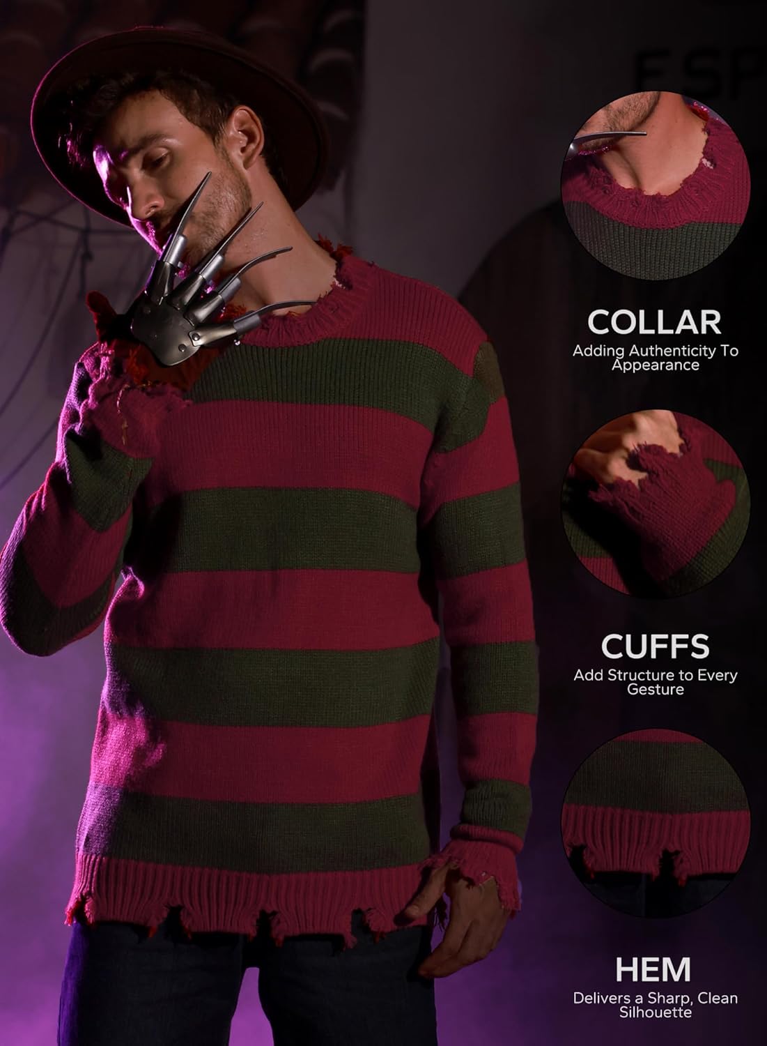 Arvilhill Men's Freddy Costume Halloween Nightmare Funny Striped Pullover Scary Terifier Classic Elm Horror Knitted Red Green Sweater L - Image 5