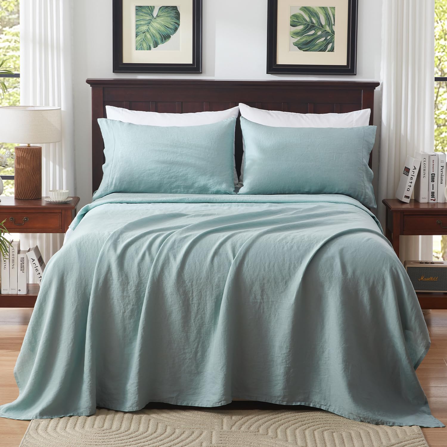 TOSMO 100% French Linen Sheets Set, Breathable and Durable Linen Flax Bedding 4 Pcs Set for Hot Sleepers - 1 Flat Sheet, 1 Fitted Sheet, 2 Pillowcases - (Aqua, King)