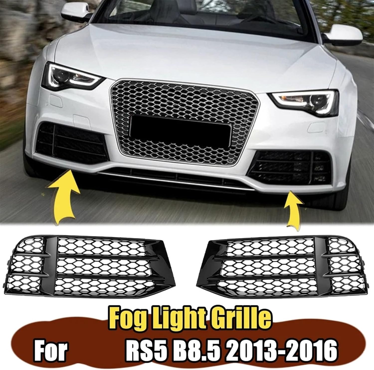 Car Front Bumper Fog Light Lamp Grille Compatible For Audi A5 S5 RS5 B8.5 2013-2016 Glossy Black Grill Cover Mesh Honeycomb(Right side)