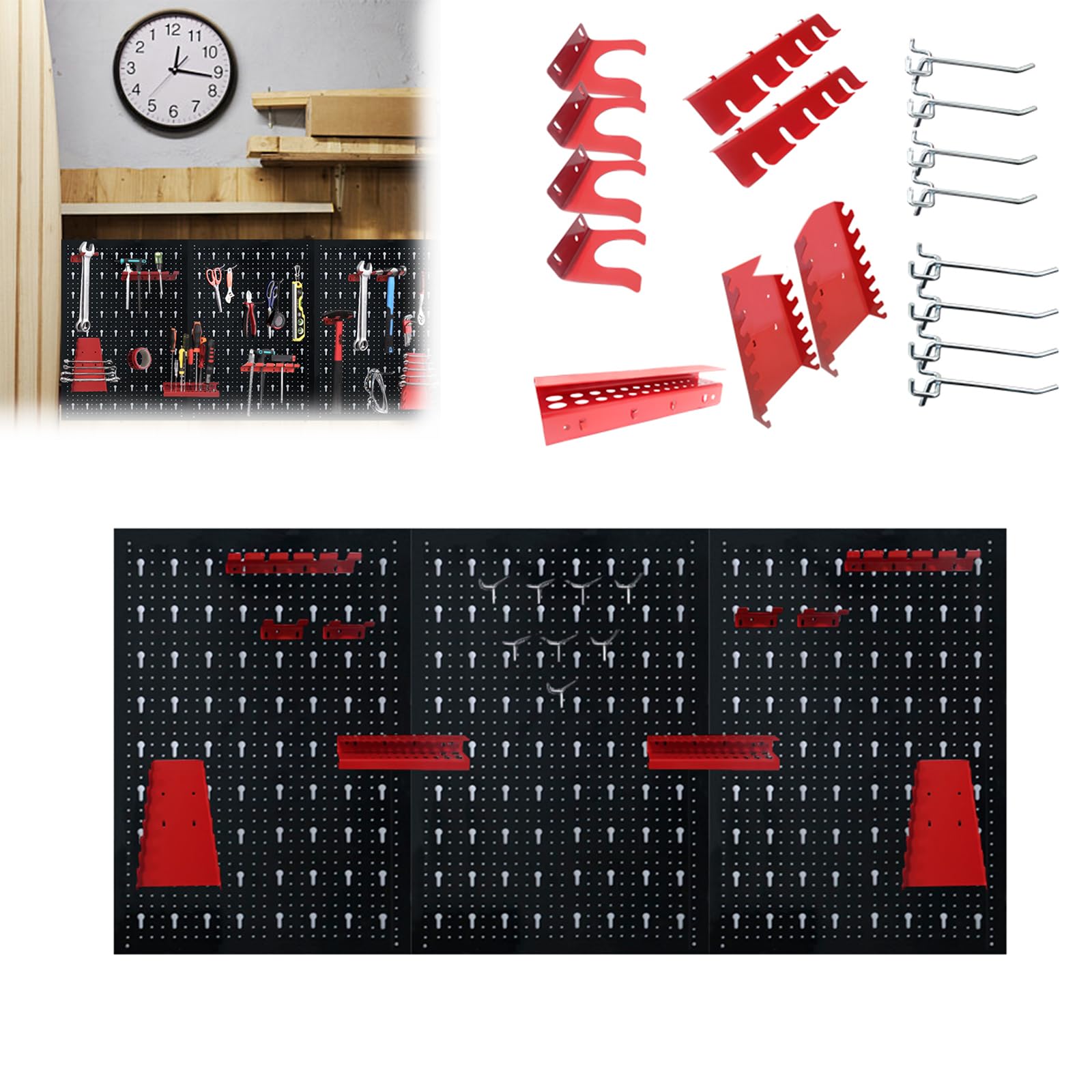 Mur à outils en métal, 120 x 60 x 2 cm, en 3 parties, avec 17 crochets, panneau perforé, porte-outils pour atelier