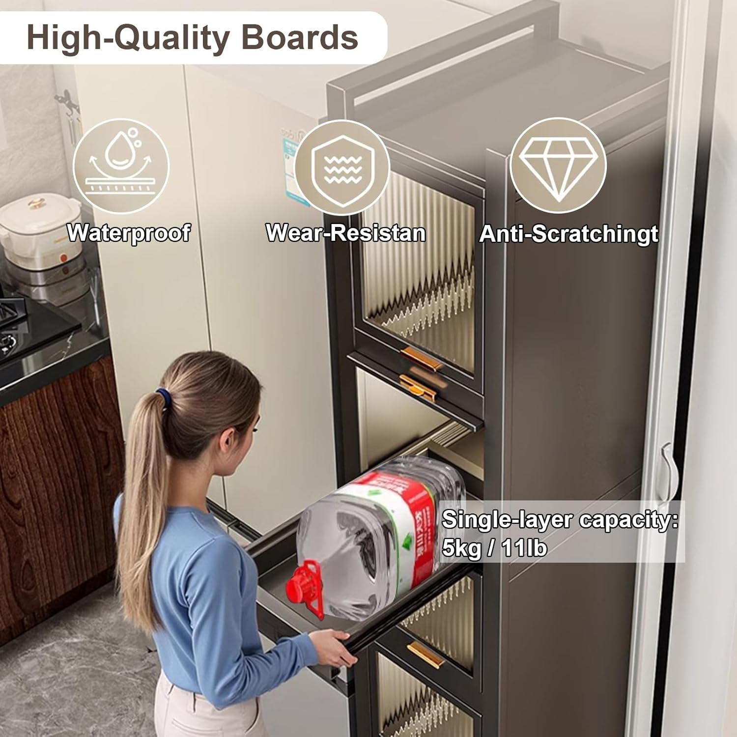 Rolling Spice Rack Next to Fridge Slim, Freestanding Narrow Tall Sideboard Shelf, with Transparent Flap Door Design, Pull Out Cabinet Organizer for Small Space Kitchen Space Saving (Grey, 5T-16cm)