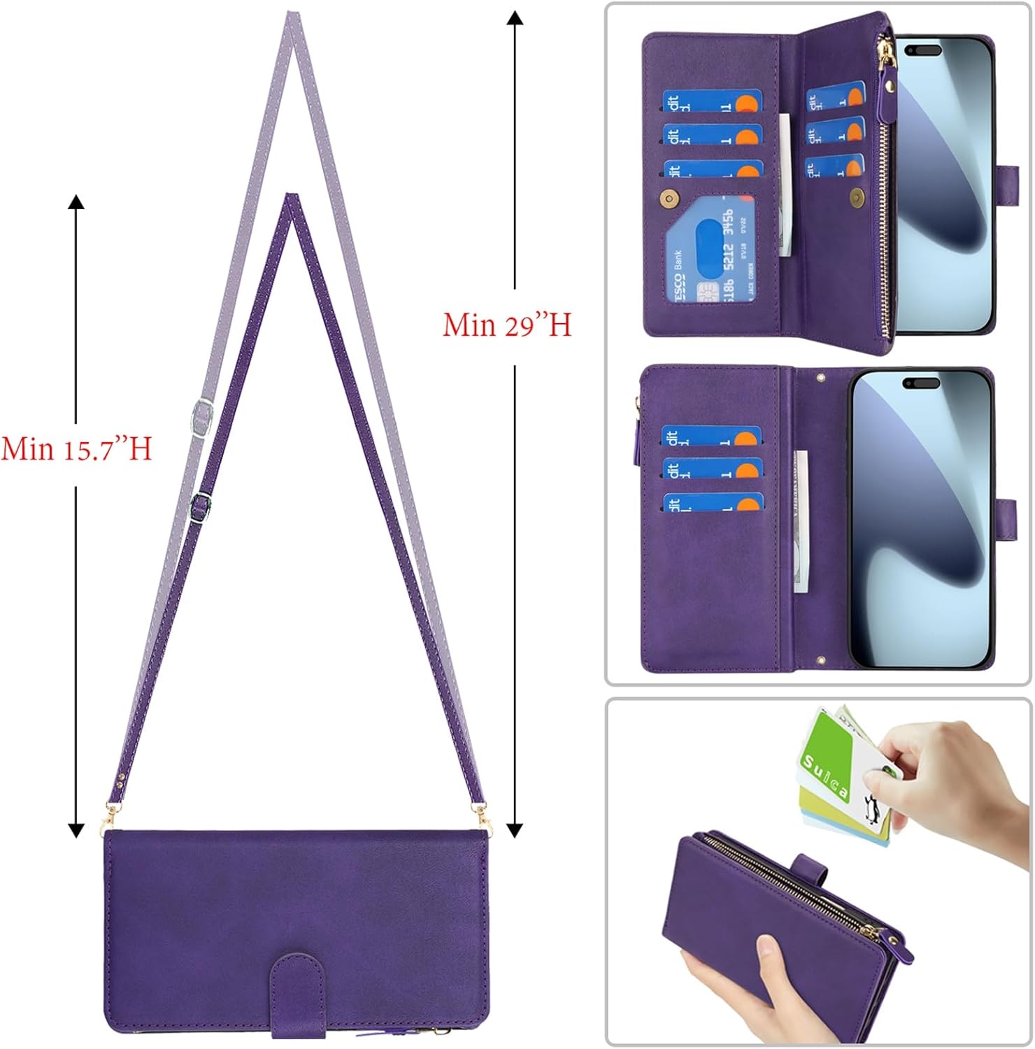 Jaorty Crossbody Wallet Compatible with iPhone 17 Pro Phone Case for Women Men, 6.3 Inch, with Card Holder,Purse with Shoulder Lanyard,[Wrist Strap], Zipper Pocket PU Leather, Purple - Image 4