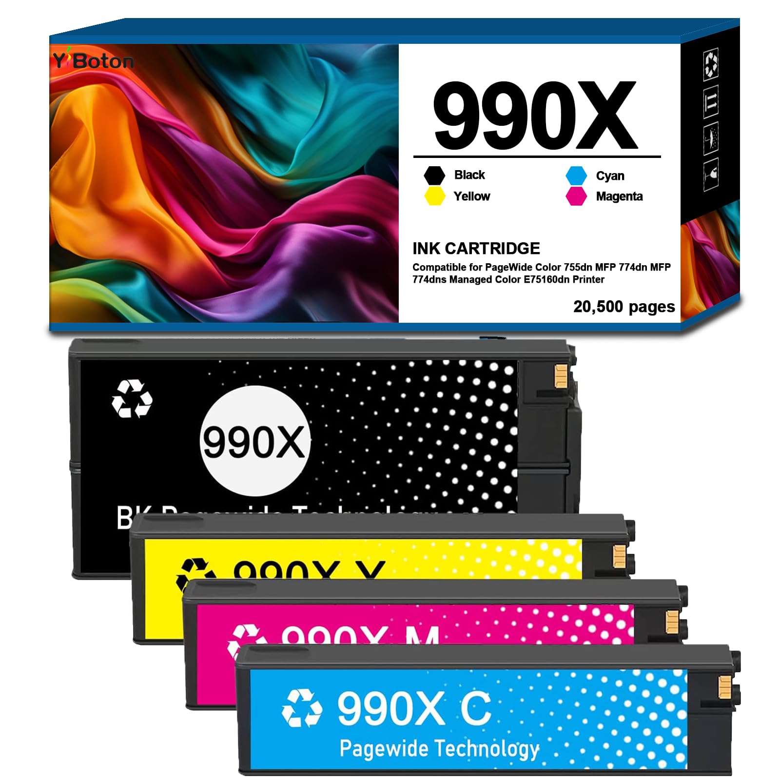 High Yield 990X 990 990XC Ink Cartridges Compatible with HP PageWide Color 755dn MFP 774dn MFP 774dns Managed Color E75160dn Printer Ink (Black,Cyan,Magenta,Yellow)