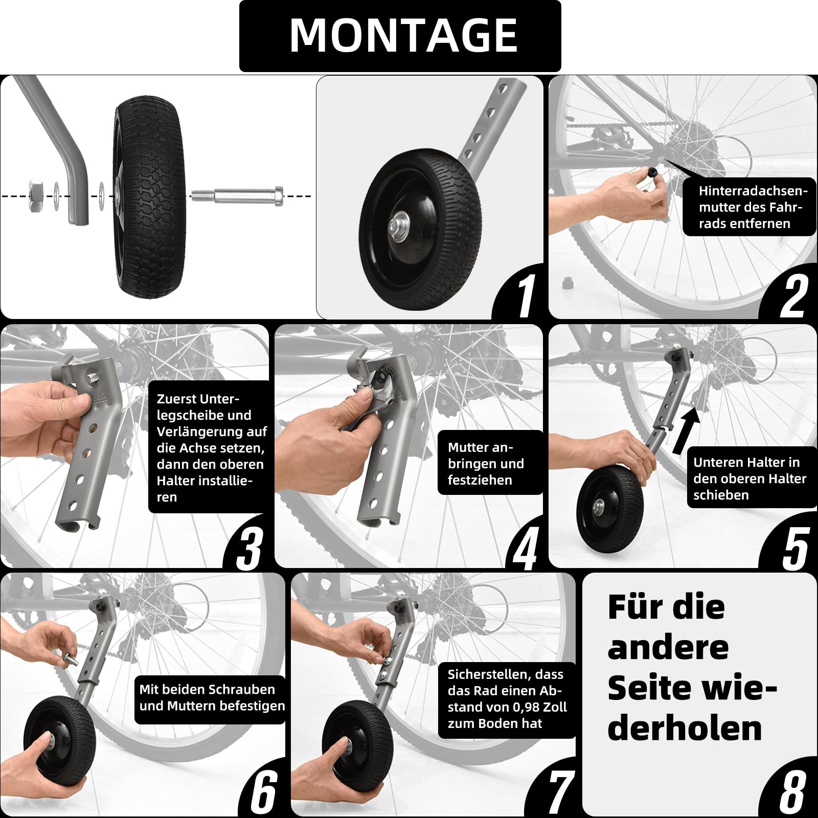 Fahrrad-Stützräder für Erwachsene - Passend für 24-26 Zoll Fahrräder - Stabile Stahlkonstruktion - Sicher und Stabil für Anfänger - Komplettes Montageset, 1 Paar, Schwarz