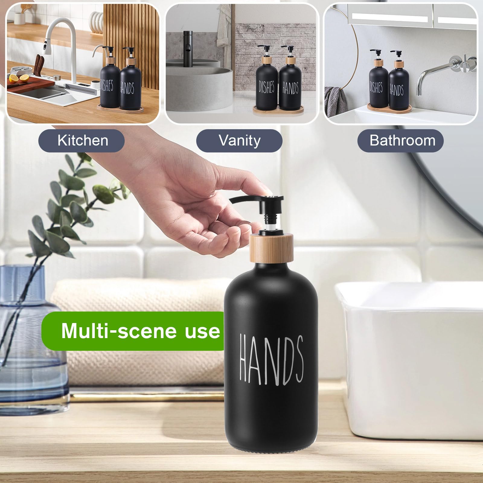 Elegante set di dispenser di sapone in vetro con vassoio - Decorazione nera e bianca per bagno e cucina - Capacità di 500 ml (bianco+nero)
