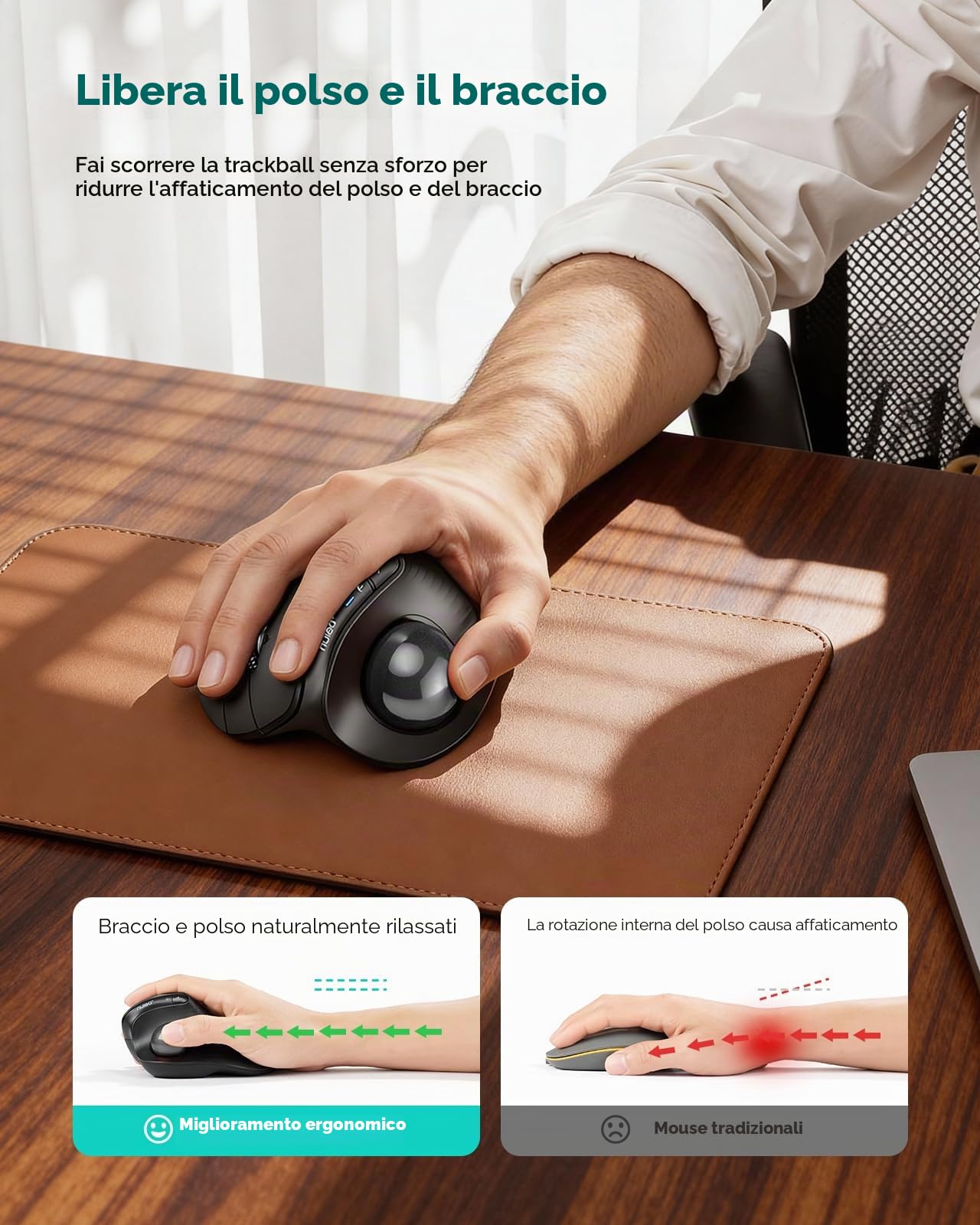 Nulea M514 Mouse Trackball verticale, mouse ergonomico senza fili con controllo del pollice con clic silenziosi, scorrimento ultra veloce, connessione a 3 dispositivi (Bluetooth e ricevitore USB