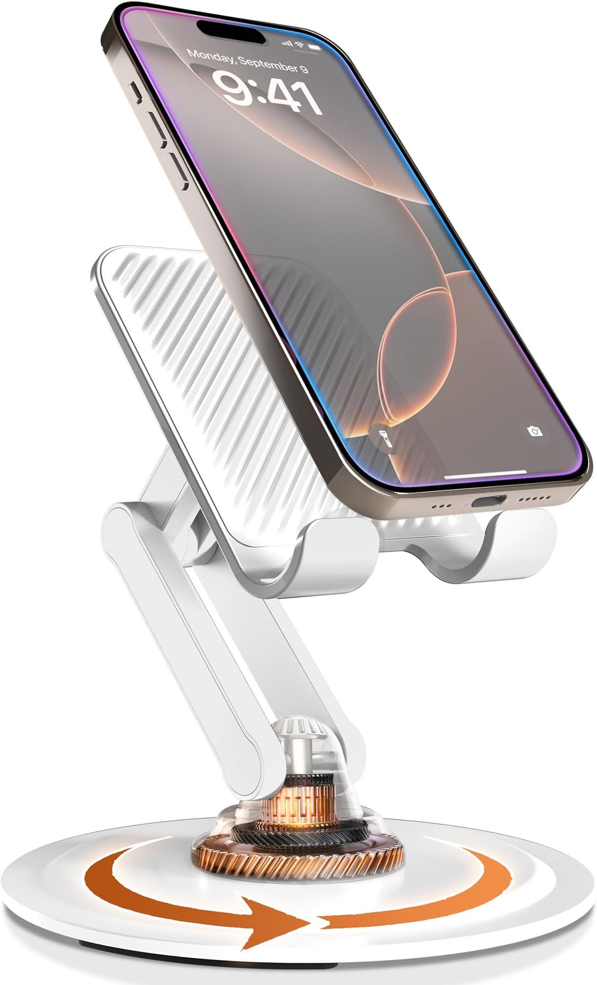 Cooper Cases 360 Stand - Adjustable Cell Phone Stand for Desk | 360 Click-Rotating, Multi-Angle, Non-Slip Metal Base, Foldable & Portable | iPhone Stand for Desk, Cell Phone Stand Holder (Cream White)