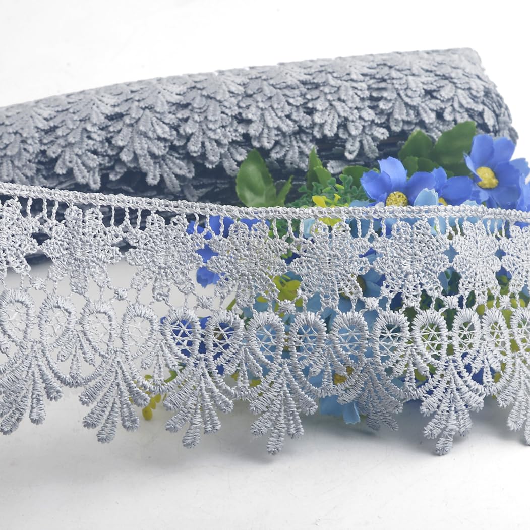 Kuasting 7.5 Yards Floral Lace Edge Trim 9CM Width Europe Chips Pattern Inelastic Embroidery Lace Trim for Sewing Making, DIY Crafts, Gift Wrapping, Wedding Decor (Grey)