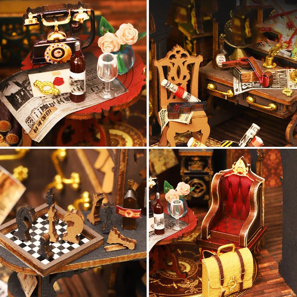 Kit de casa de muñecas de detective en miniatura, rompecabezas 3D de madera con luces LED, caja de música, estilo victoriano, idea creativa de habitación, el mejor regalo (con cubierta antipolvo)
