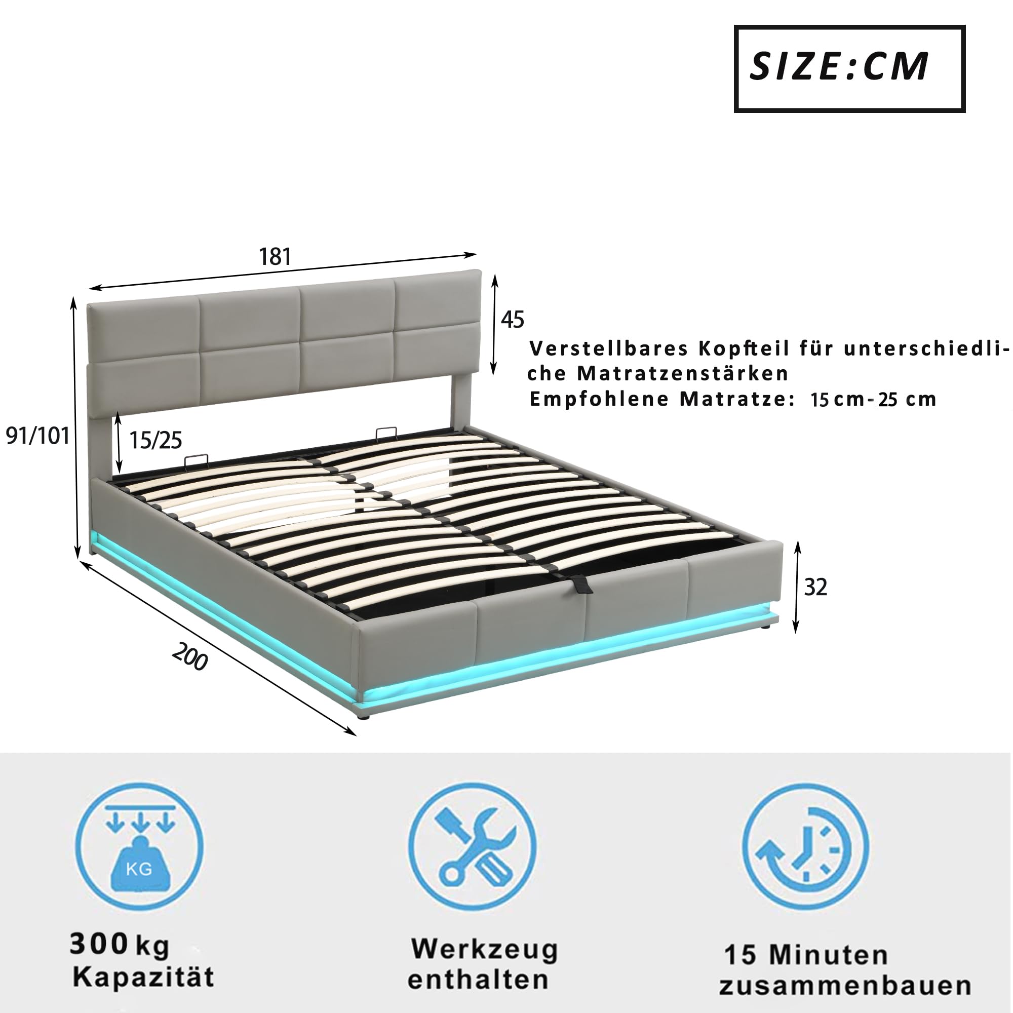 Moimhear Letto imbottito 90 x 200 cm, letto con rete a doghe, schienale