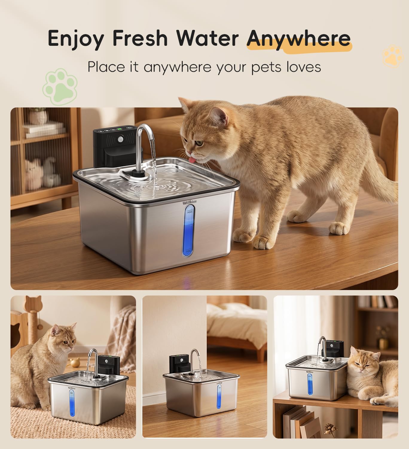 Fuente de agua para gatos de acero inoxidable, fuente inalámbrica para mascotas de 4 L para gatos