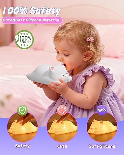 Miniatura 6 de ZKLiLi Luz nocturna para niños, bonita lámpara de gato, 16 colores, grifo, control remoto, luz nocturna de silicona para niños, control remoto USB,