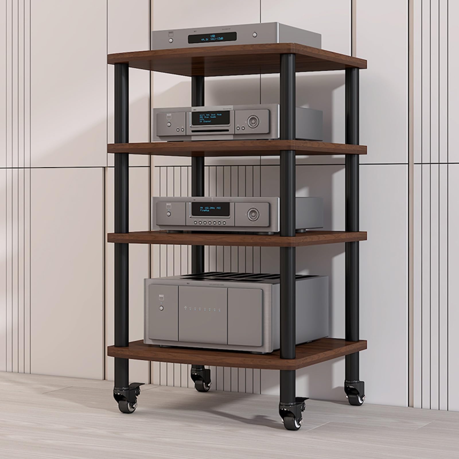 Soporte para AV de 4 niveles y estante de reproducción de discos de nogal, gabinete multimedia de madera para discos de vinilo, consolas de juegos y accesorios, elegante centro de entretenimiento con