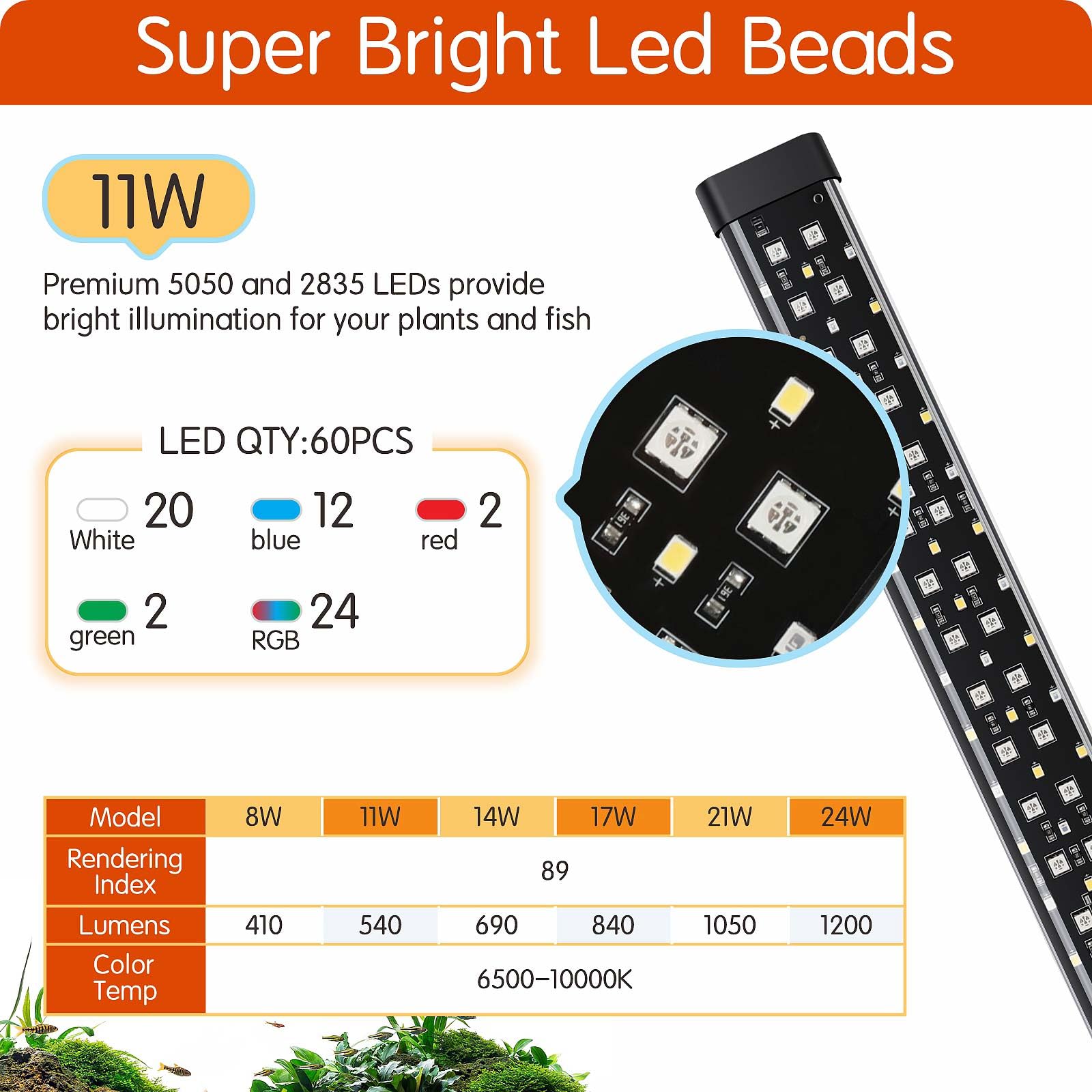 hygger Submersible Aquarium Led Light,11W Éclairage Aquarium Fish Tank Light,24/7 Full Spectrum Lampe Aquarium Led avec 9 Colors and 10 Luminosité Réglables de 31-58cm Tank