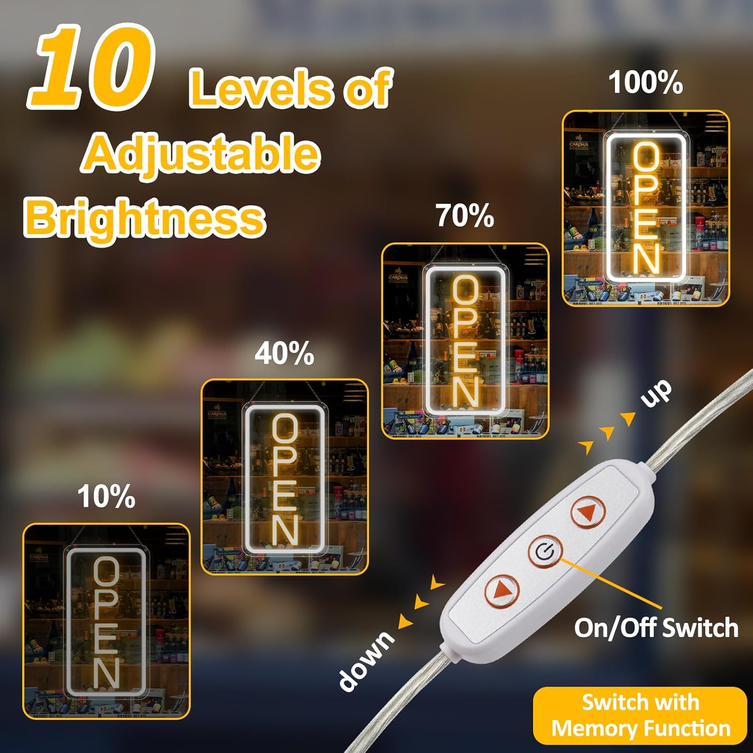 Open Signs for Business, 16''×9'' Bright High Visibility Open Sign LED Powered by USB with ON/OFF Switch, Adjustable Brightness COB Open Signs for Bar Shop Coffee Salon Hotel Wall Window Storefront (Vertical) - Image 3