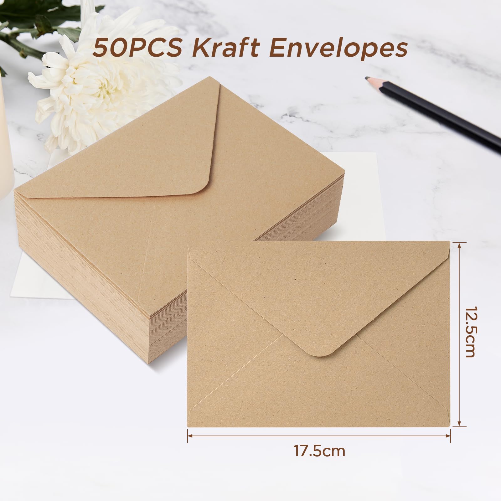 Buste in Carta Kraft 50 Pezzi 120 g/m² 12.5x17.5 cm Marrone Vintage con Lembo a Punta