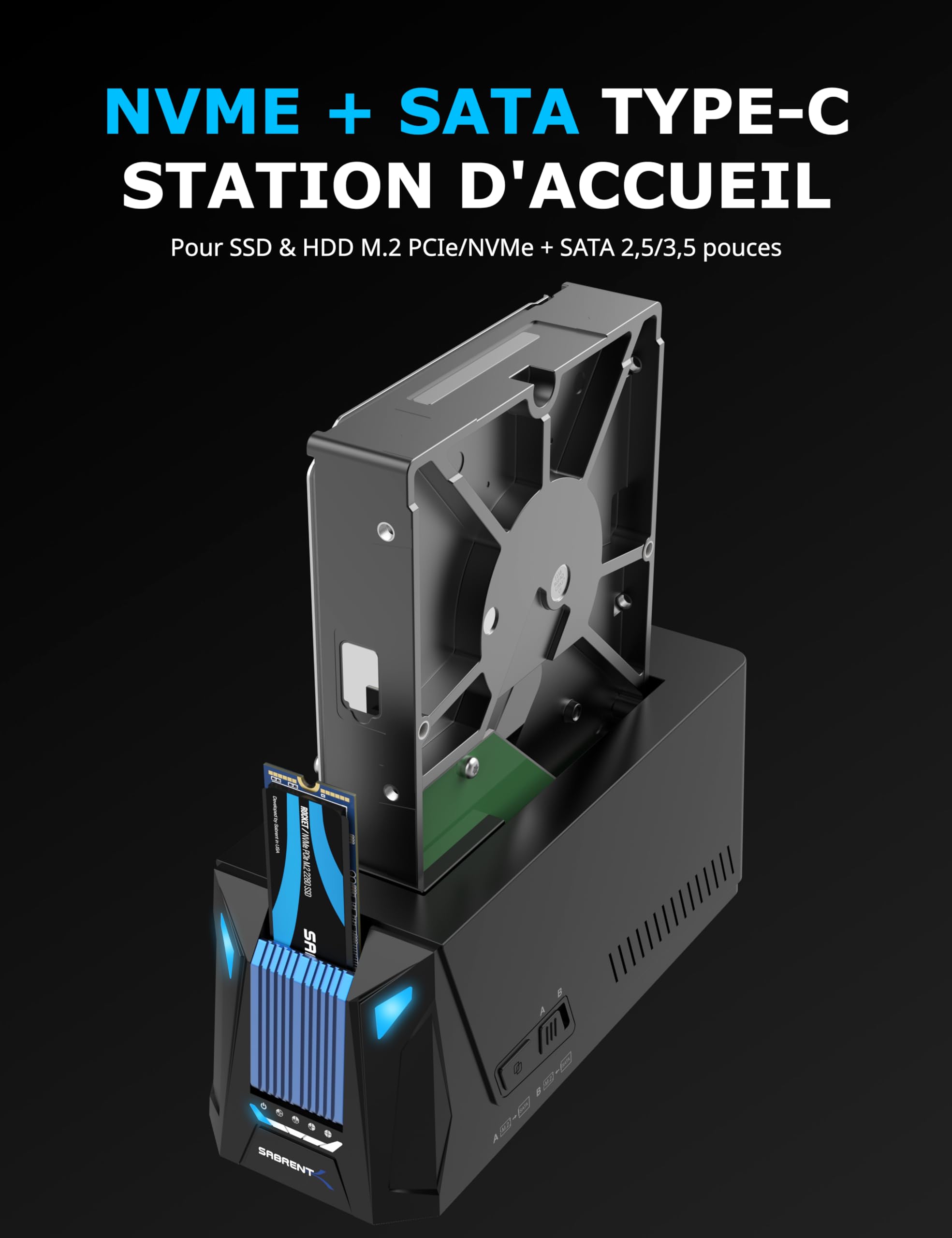 SABRENT USB C Docking Station for M.2 PCIe/NVMe et SATA 2.5/3.5 inch SSD & HDD avec clonage Hors Ligne, sans Outils, Supporte UASP, câble USB Inclus (DS-UNHC)