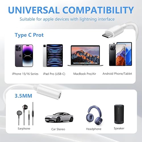 Miniatura 2 de Seulliya Adaptador USB C a conector de auriculares de 0.138 in para iPhone 1516 ProMax, adaptador DAC de audio de alta resolución, convertidor de